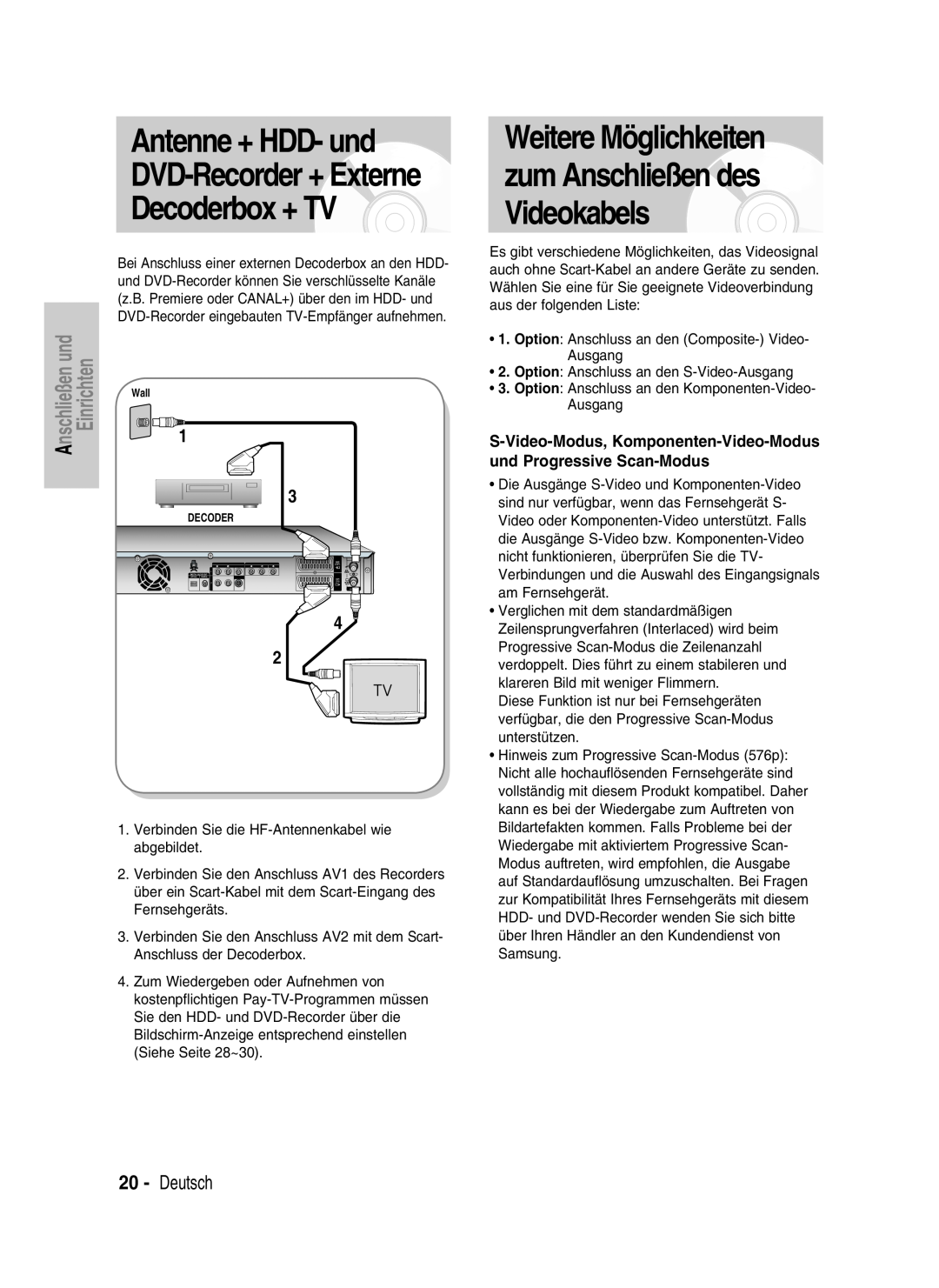Samsung DVD-HR730/XEC, DVD-HR730/XEB manual Antenne + HDD- und, Decoderbox + TV, DVD-Recorder + Externe, Deutsch, Einrichten 