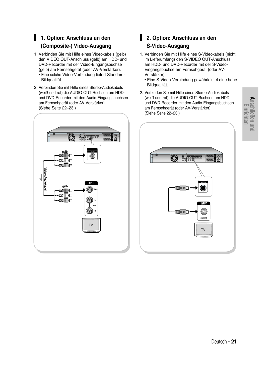 Samsung DVD-HR730/XEB Option Anschluss an den S-Video-Ausgang, Option Anschluss an den Composite- Video-Ausgang, Deutsch 
