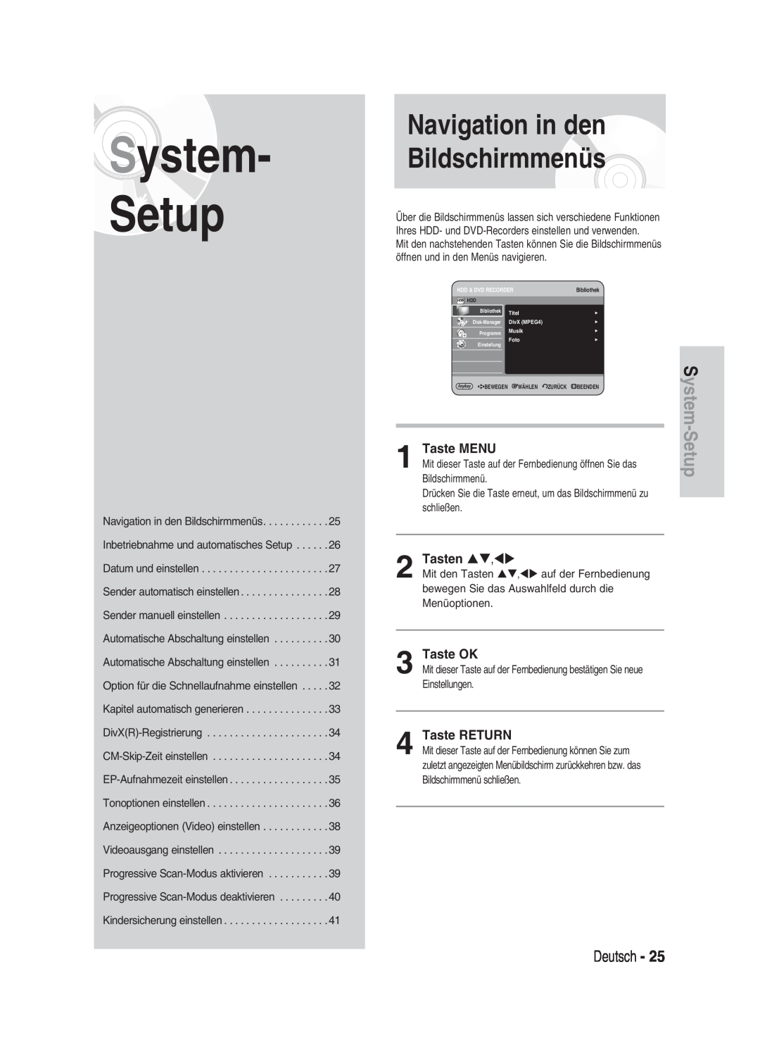 Samsung DVD-HR730/XEB, DVD-HR730/XEC, DVD-HR734/XEG, DVD-HR730/XEG System Setup, Navigation in den Bildschirmmenüs, Deutsch 