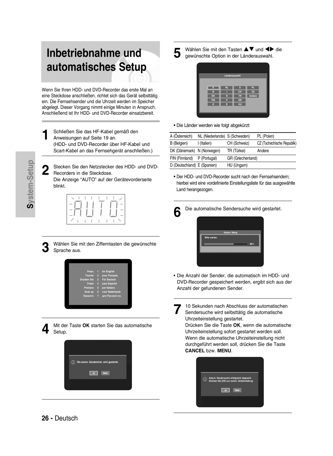Samsung DVD-HR734/XEG, DVD-HR730/XEC, DVD-HR730/XEB, DVD-HR730/XEG manual Inbetriebnahme und automatisches Setup, Deutsch 