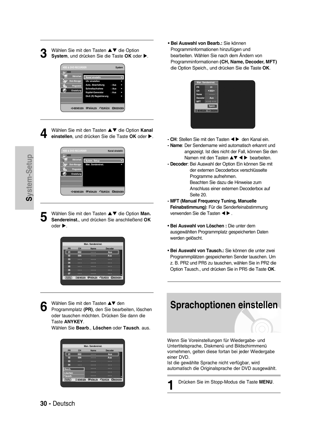 Samsung DVD-HR734/XEG, DVD-HR730/XEC manual Sprachoptionen einstellen, Deutsch, Setup, MFT Manual Frequency Tuning, Manuelle 