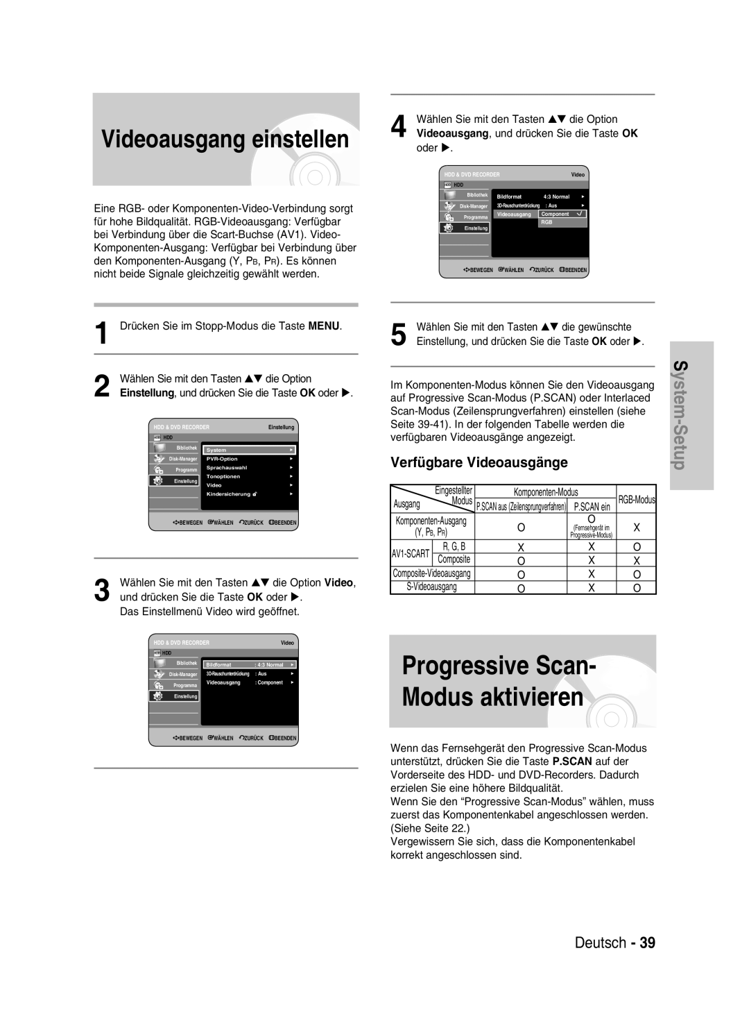 Samsung DVD-HR730/XEG, DVD-HR730/XEC Progressive Scan Modus aktivieren, Videoausgang einstellen, Deutsch, S -ystemSetup 