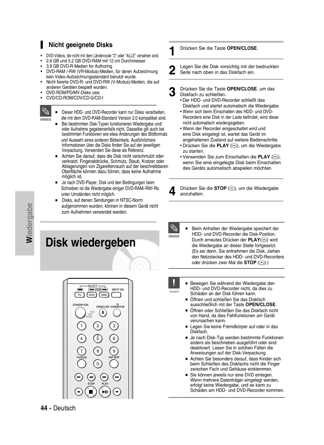 Samsung DVD-HR730/XEC, DVD-HR730/XEB, DVD-HR734/XEG manual Disk wiedergeben, Nicht geeignete Disks, Deutsch, Wiedergabe 