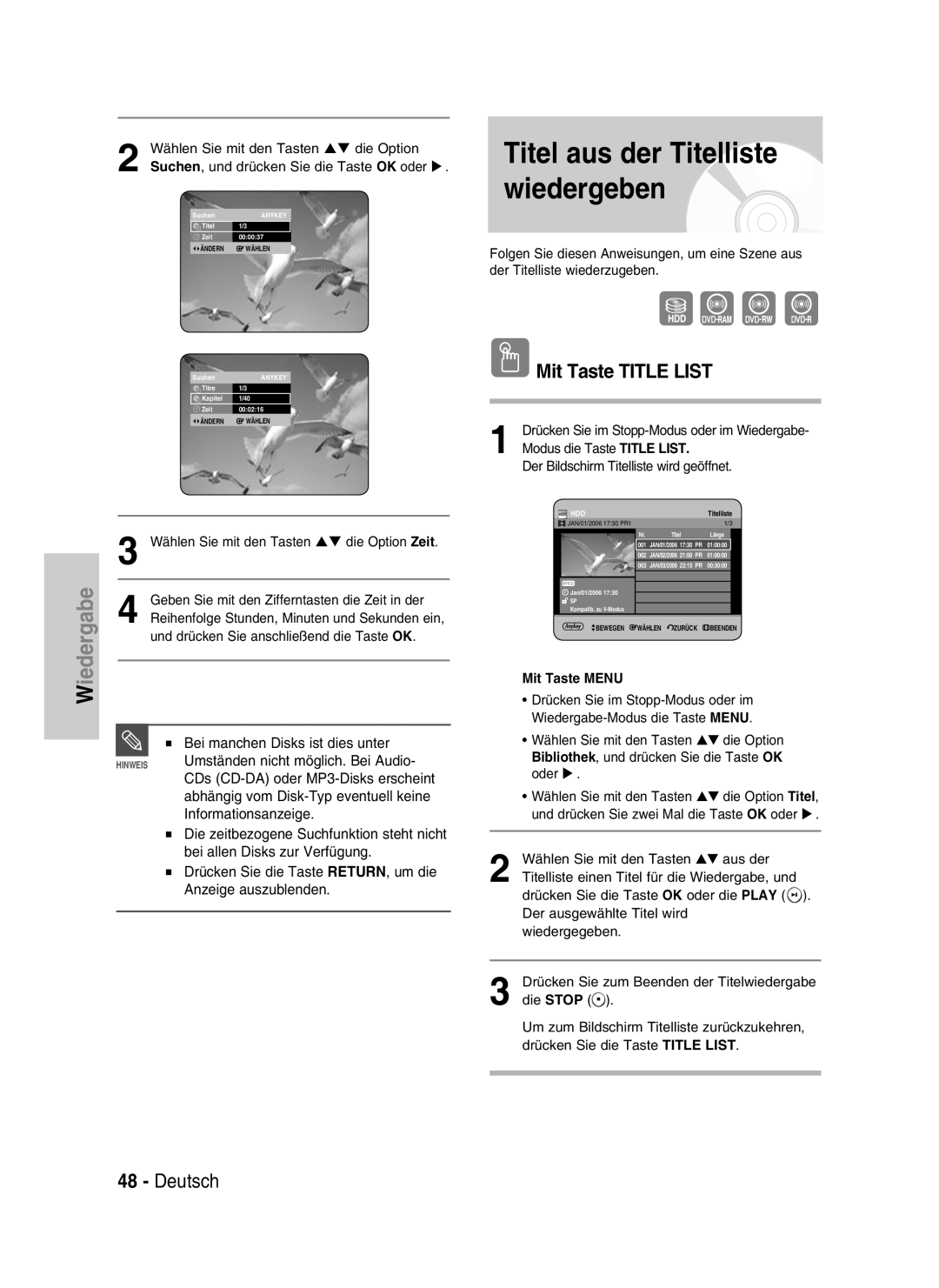 Samsung DVD-HR730/XEC, DVD-HR730/XEB Titel aus der Titelliste wiedergeben, Mit Taste TITLE LIST, Deutsch, Mit Taste MENU 