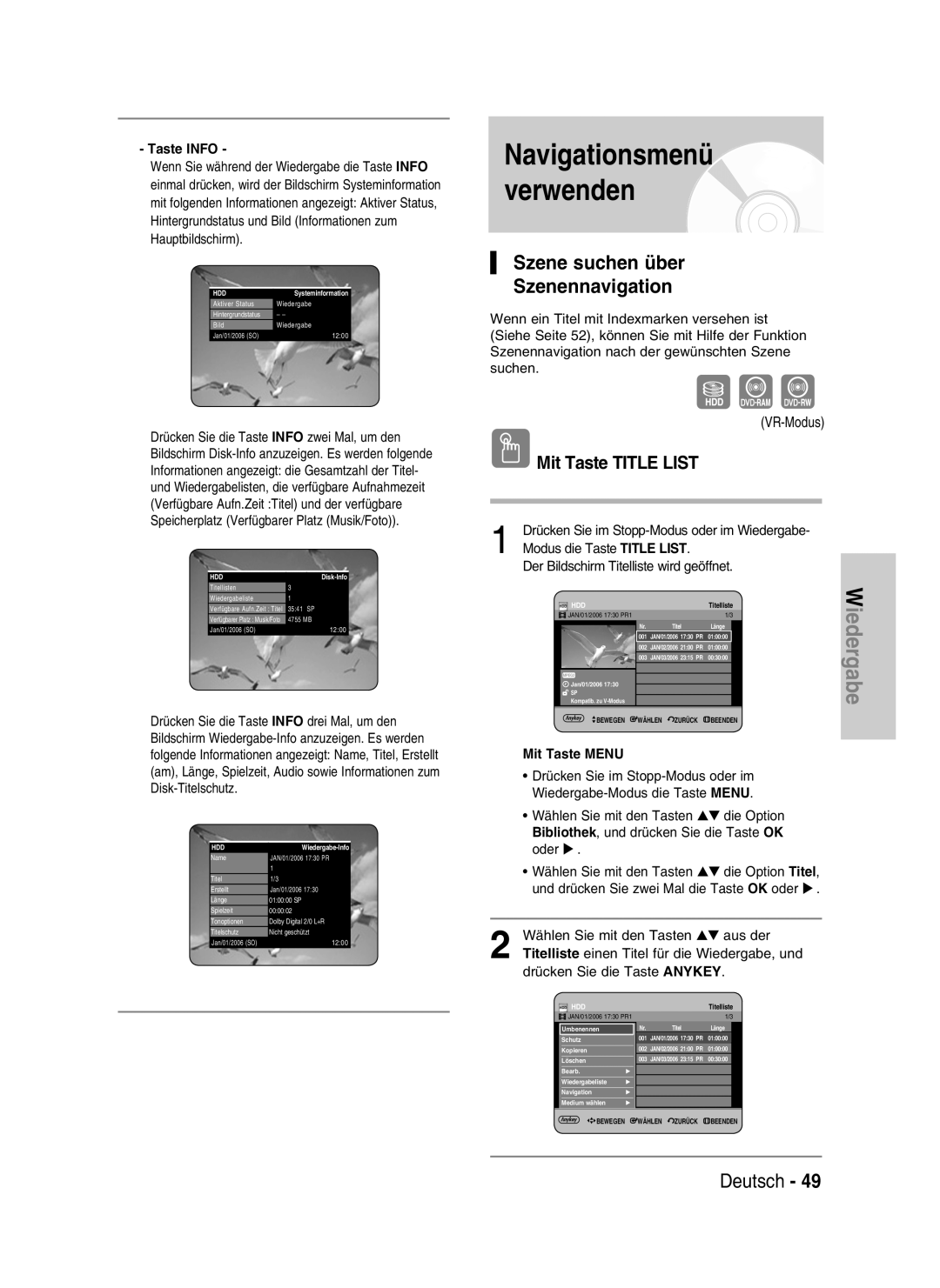 Samsung DVD-HR730/XEB manual Navigationsmenü verwenden, Szene suchen über Szenennavigation, Mit Taste TITLE LIST, Deutsch 