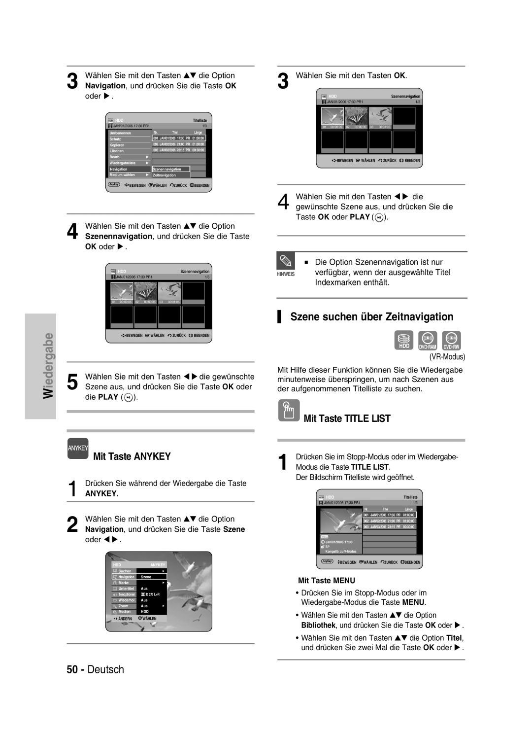 Samsung DVD-HR734/XEG manual Szene suchen über Zeitnavigation, Deutsch, Mit Taste ANYKEY, Mit Taste TITLE LIST, Anykey 