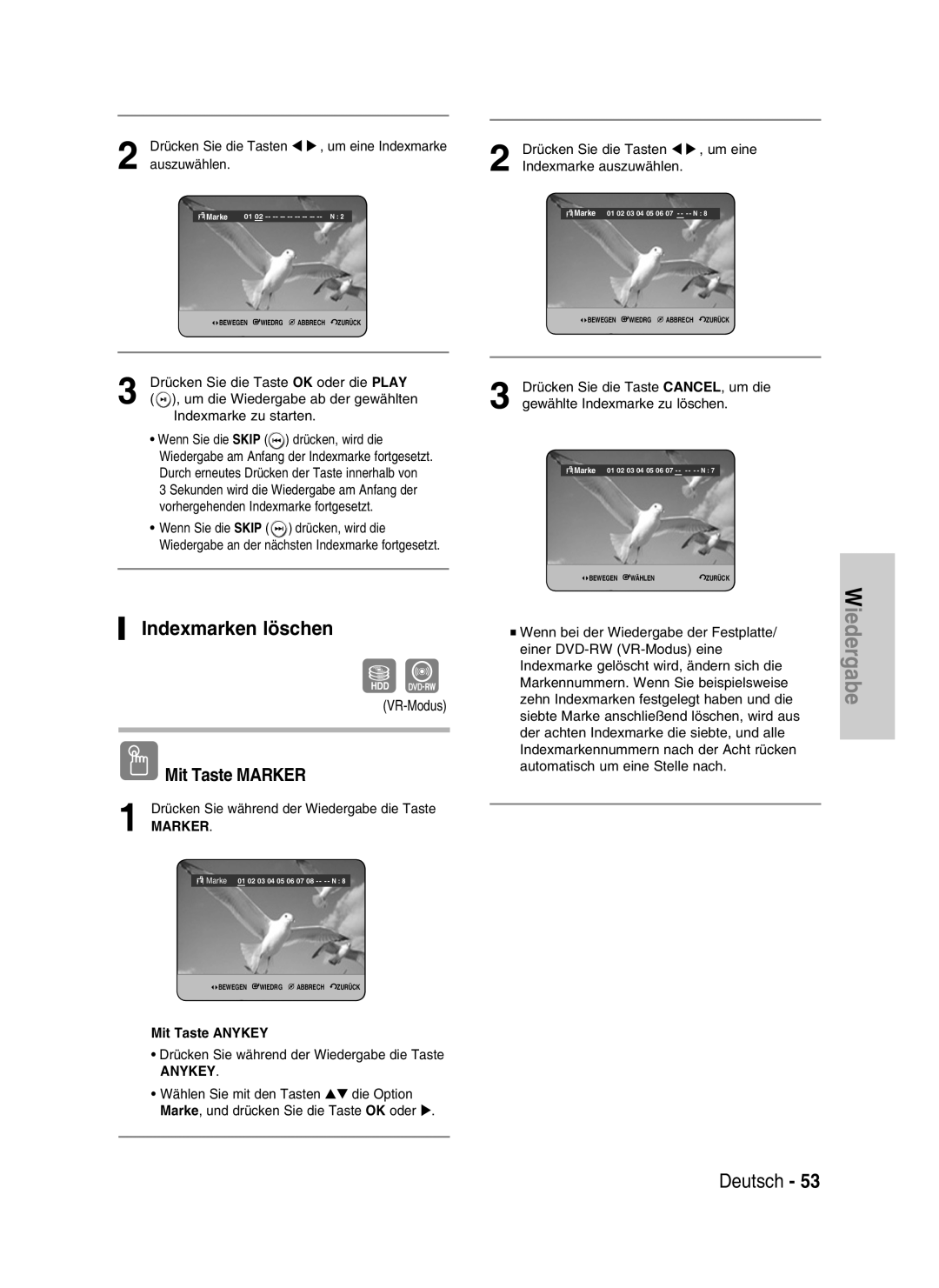 Samsung DVD-HR730/XEB manual Indexmarken löschen, Wiedergabe, Deutsch, Mit Taste MARKER, Marker, Mit Taste ANYKEY, Anykey 