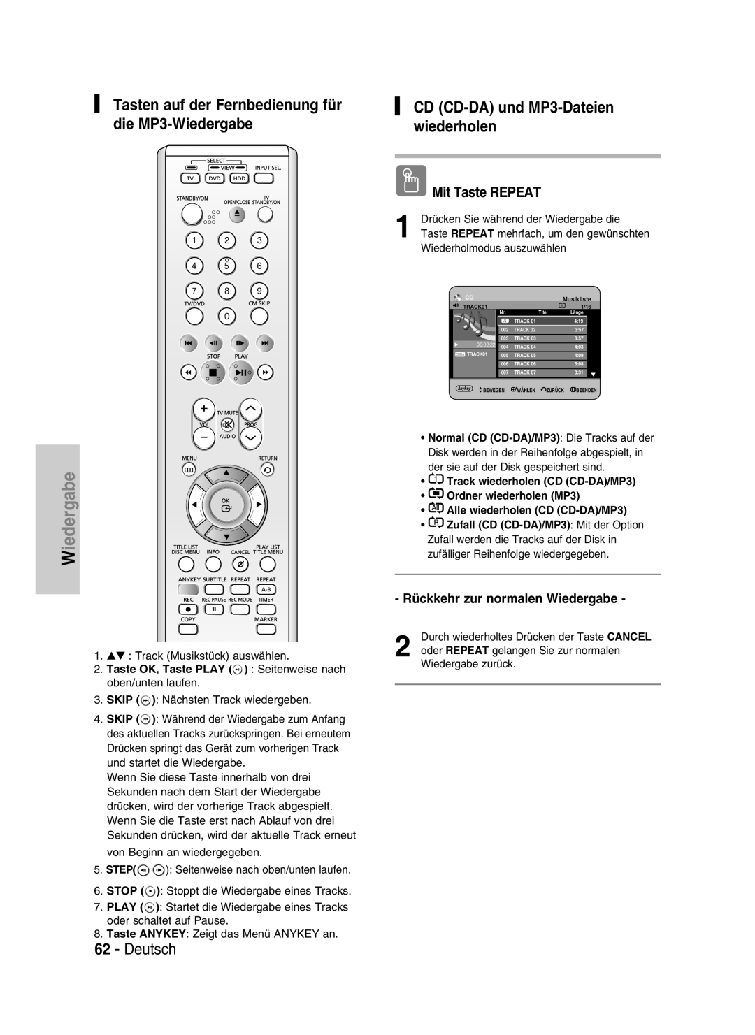 Samsung DVD-HR734/XEG Tasten auf der Fernbedienung für, CD CD-DA und MP3-Dateien, die MP3-Wiedergabe, wiederholen, Deutsch 