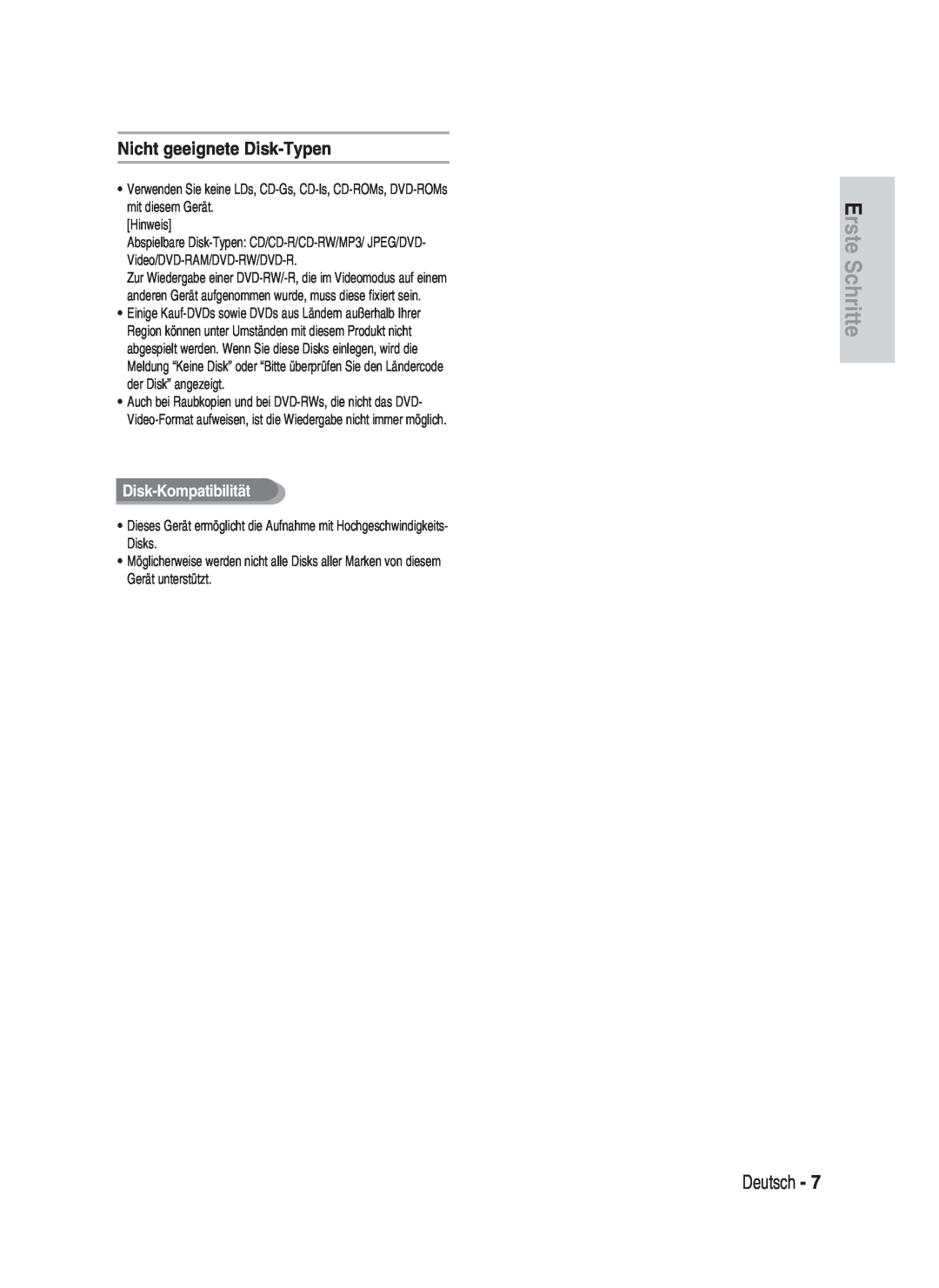 Samsung DVD-HR730/XEG, DVD-HR730/XEC manual Nicht geeignete Disk-Typen, Disk-Kompatibilität, Erste Schritte, Deutsch 