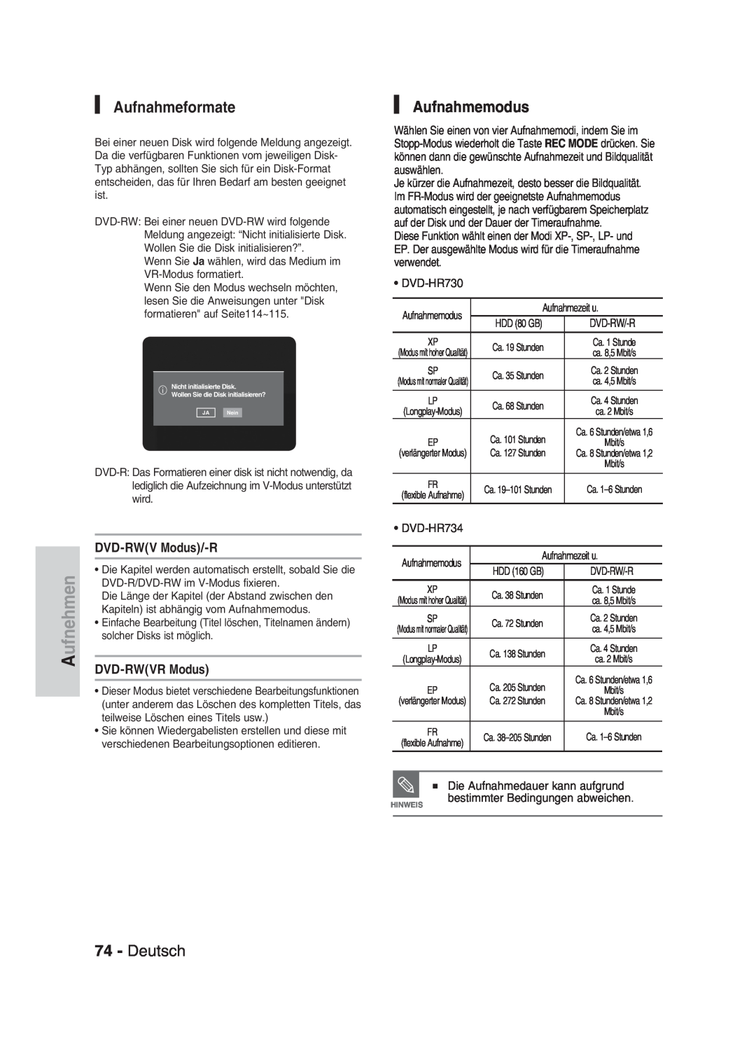 Samsung DVD-HR734/XEG, DVD-HR730/XEC, DVD-HR730/XEB, DVD-HR730/XEG manual Aufnehmen, Aufnahmeformate, Aufnahmemodus, Deutsch 