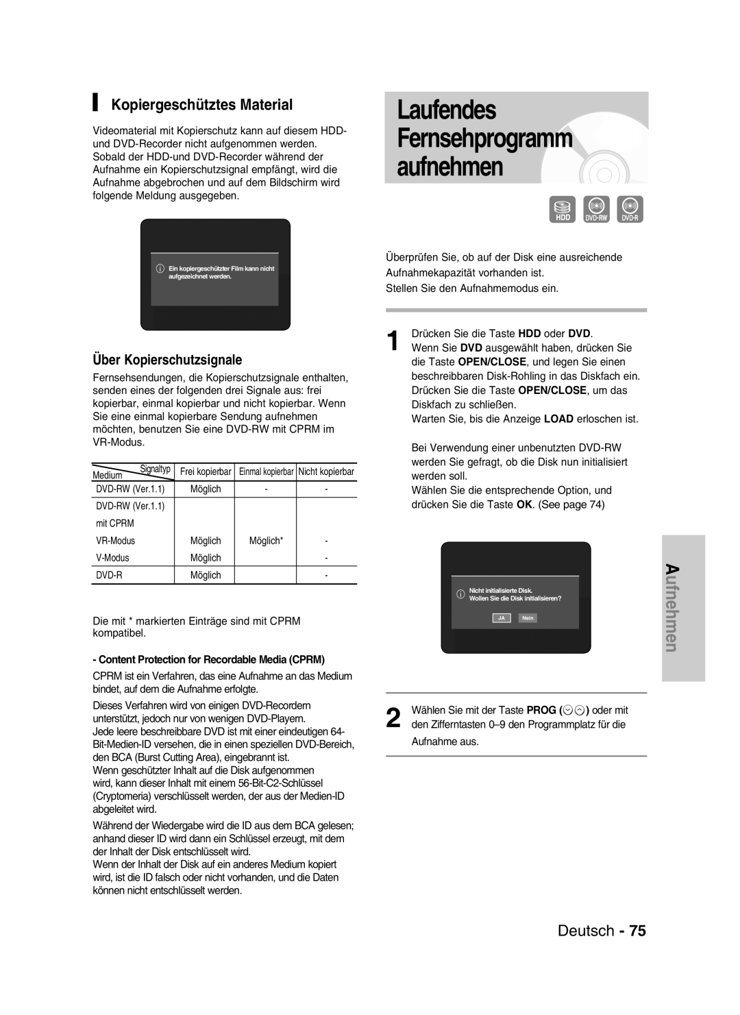 Samsung DVD-HR730/XEG Laufendes Fernsehprogramm aufnehmen, Kopiergeschütztes Material, Über Kopierschutzsignale, Deutsch 