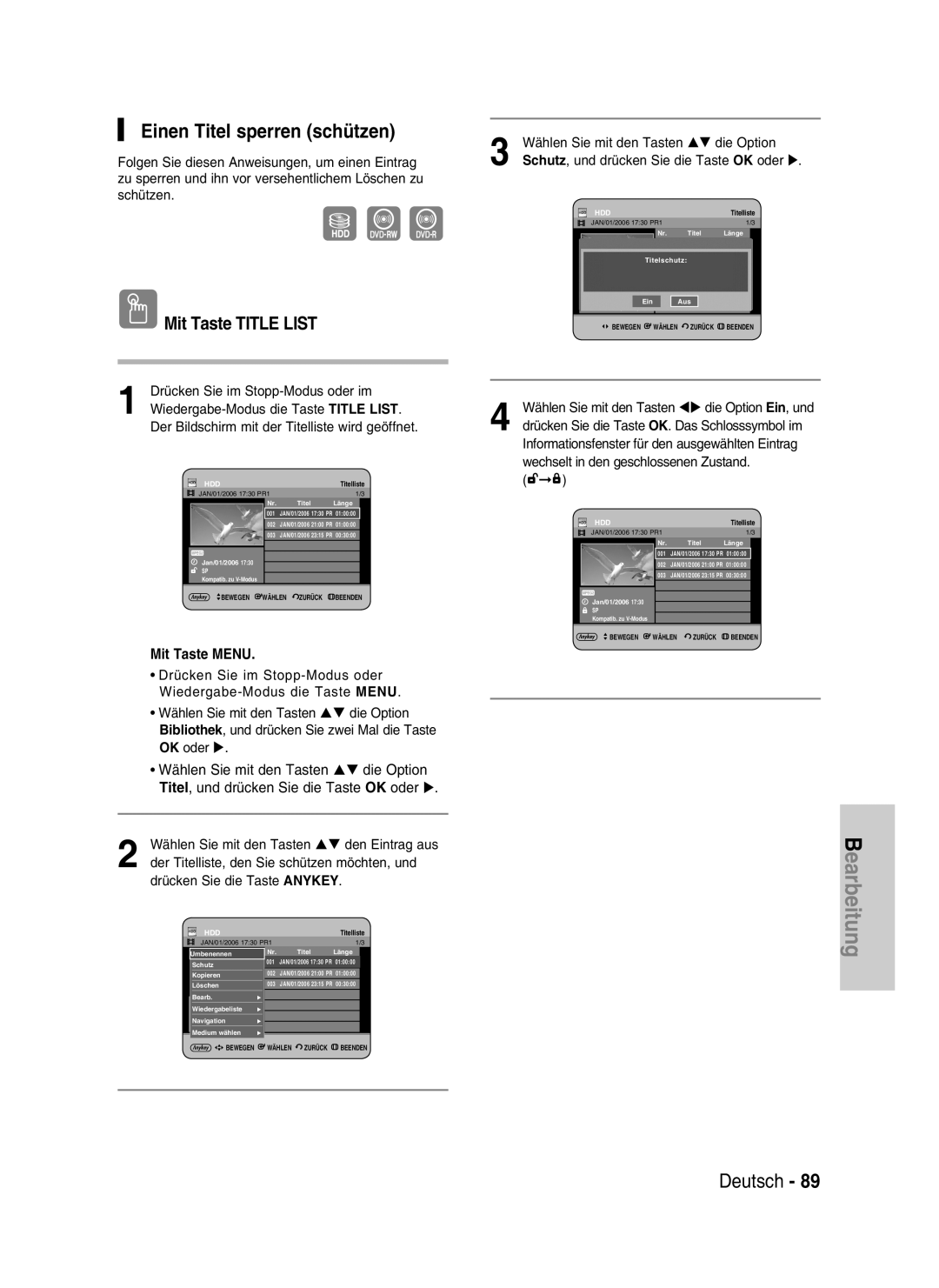 Samsung DVD-HR730/XEB manual Einen Titel sperren schützen, Bearbeitung, Deutsch, Mit Taste TITLE LIST, Mit Taste MENU 
