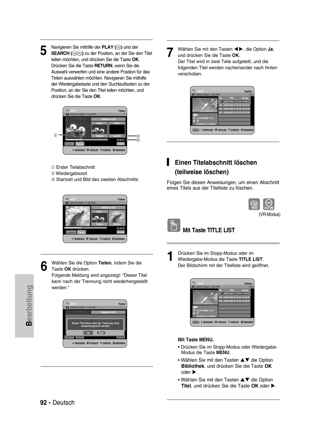 Samsung DVD-HR730/XEC manual Deutsch, Einen Titelabschnitt löschen teilweise löschen, Mit Taste TITLE LIST, Mit Taste MENU 