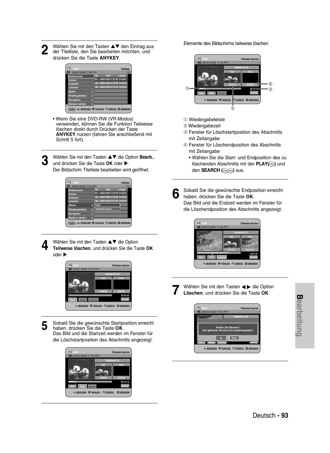 Samsung DVD-HR730/XEB, DVD-HR730/XEC, DVD-HR734/XEG, DVD-HR730/XEG manual Bearbeitung, Deutsch, den SEARCH aus 