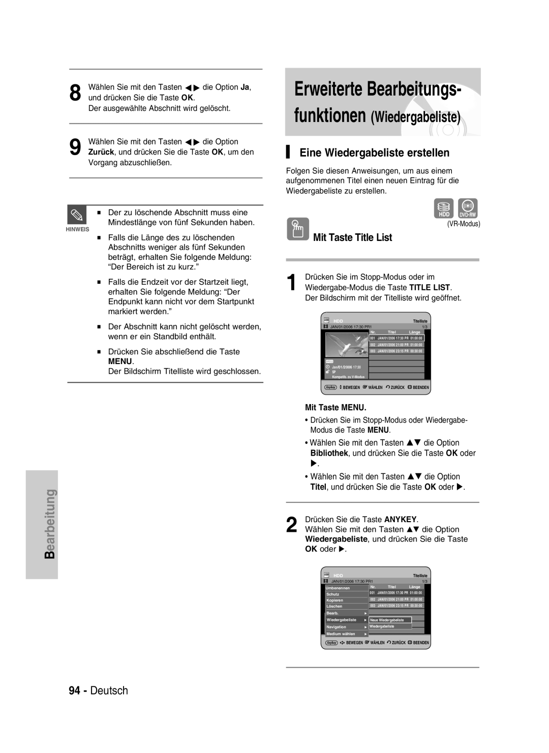 Samsung DVD-HR734/XEG manual Erweiterte Bearbeitungs, funktionen Wiedergabeliste, Eine Wiedergabeliste erstellen, Deutsch 