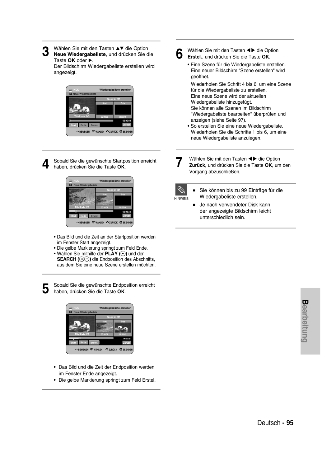 Samsung DVD-HR730/XEG manual Bearbeitung, Deutsch, Sie können bis zu 99 Einträge für die, Wiedergabeliste erstellen 