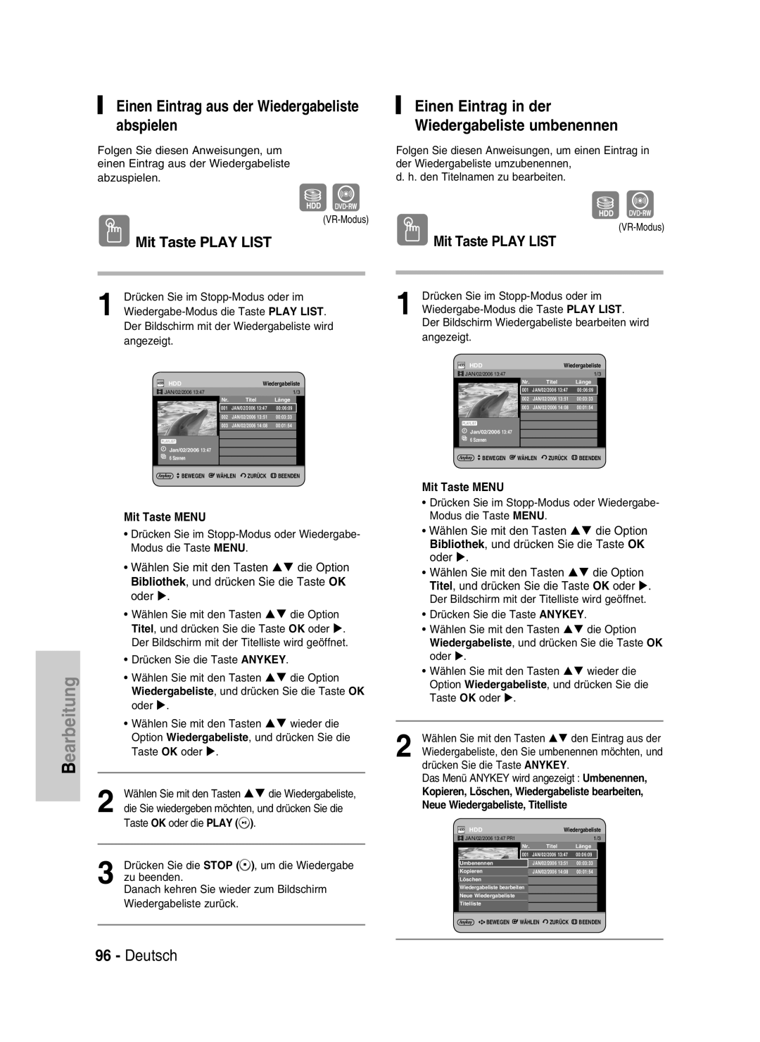 Samsung DVD-HR730/XEC manual Einen Eintrag aus der Wiedergabeliste abspielen, Deutsch, Mit Taste PLAY LIST, Mit Taste MENU 