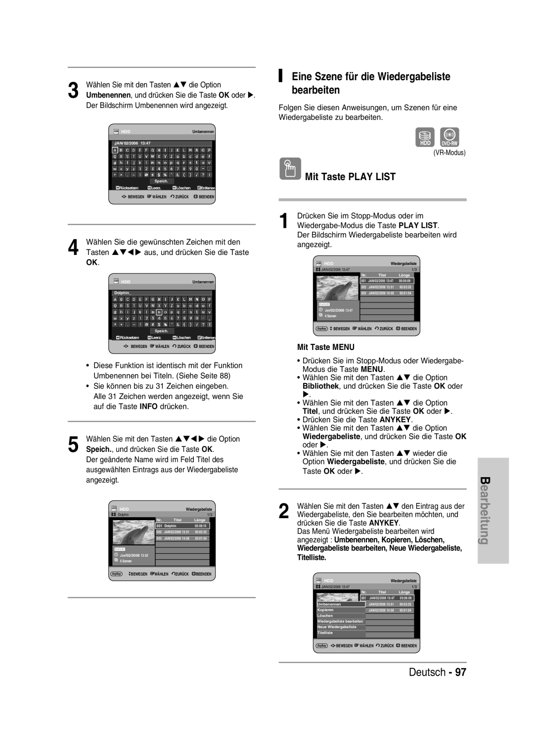 Samsung DVD-HR730/XEB manual Eine Szene für die Wiedergabeliste bearbeiten, Deutsch, Mit Taste PLAY LIST, Mit Taste MENU 