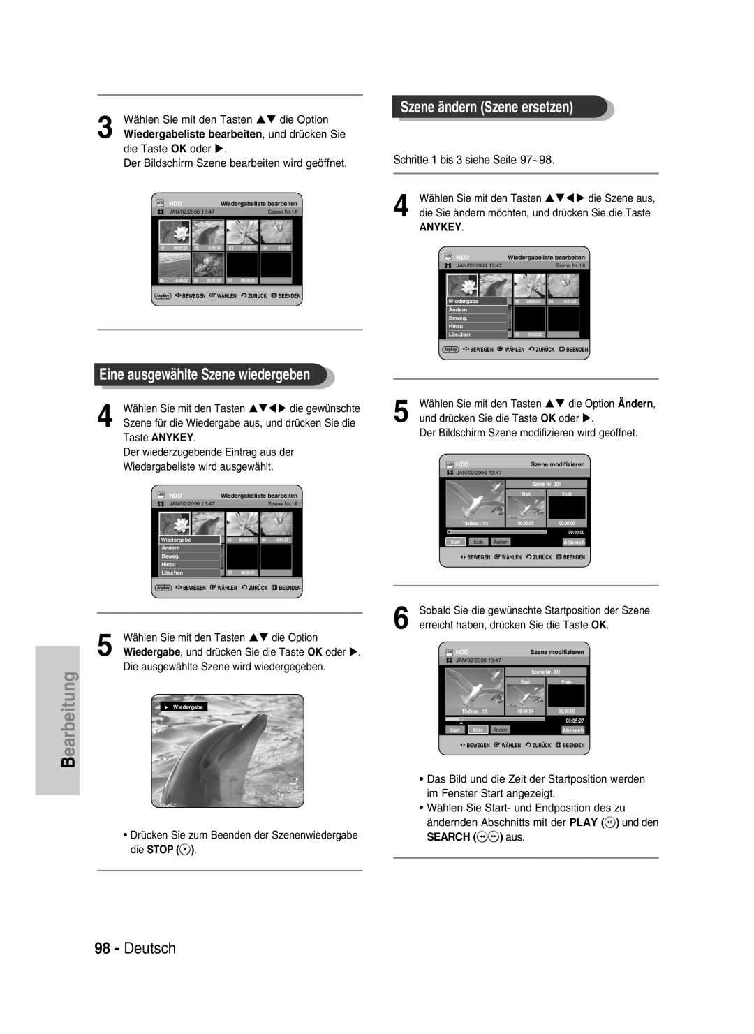 Samsung DVD-HR734/XEG manual Eine ausgewählte Szene wiedergeben, Deutsch, Szene ändern Szene ersetzen, Anykey, SEARCH aus 