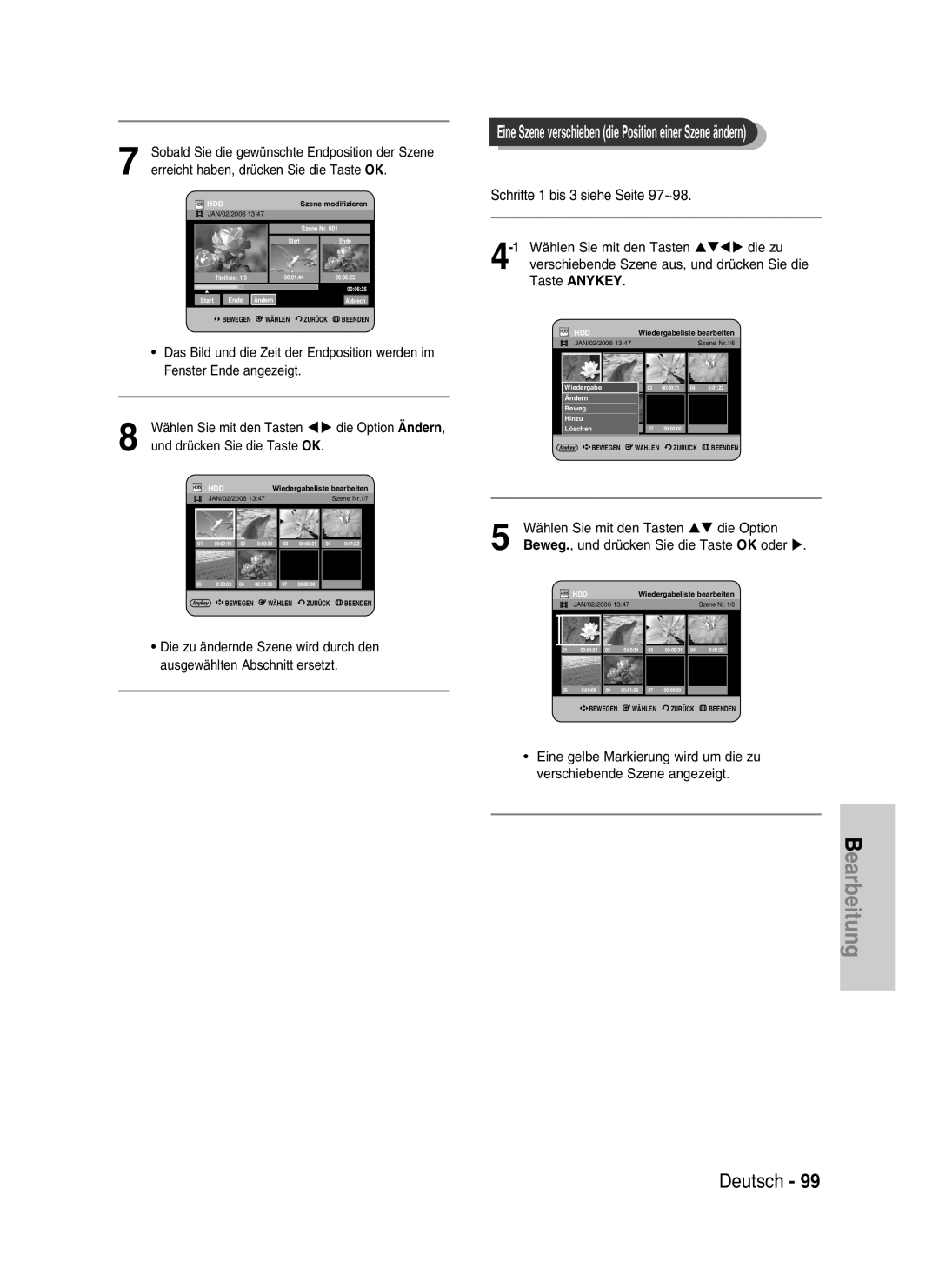 Samsung DVD-HR730/XEG manual Deutsch, Eine Szene verschieben die Position einer Szene ändern, Bewegen Wählen Zurück Beenden 