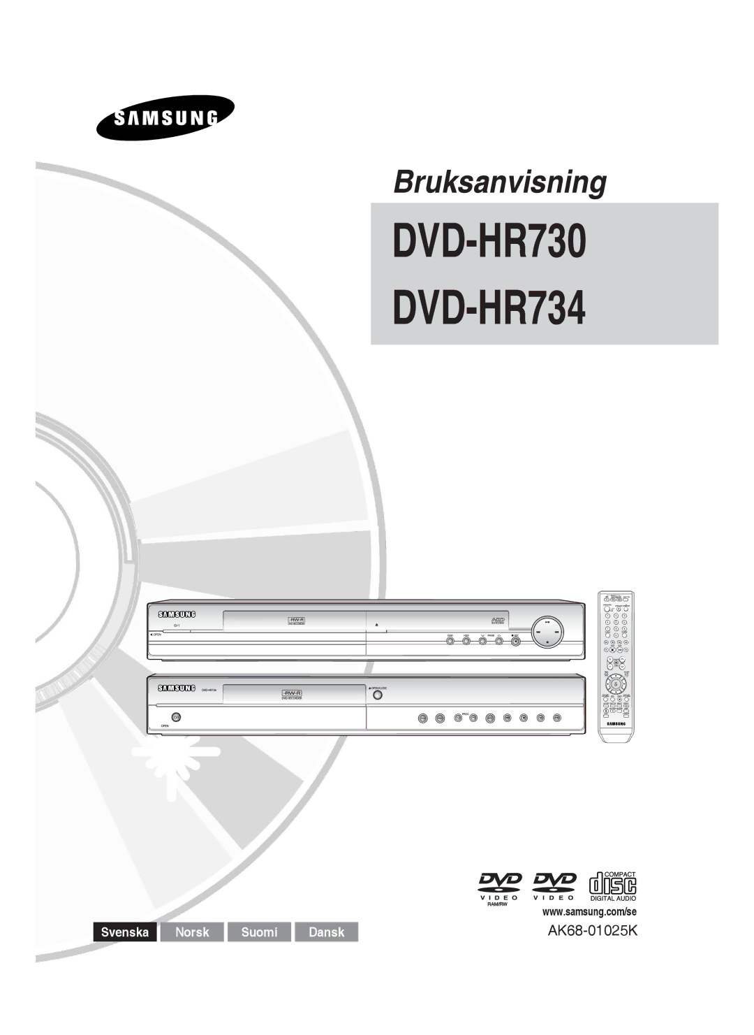 Samsung DVD-HR730/XEE manual DVD-HR730 DVD-HR734, Svenska Norsk Suomi Dansk 