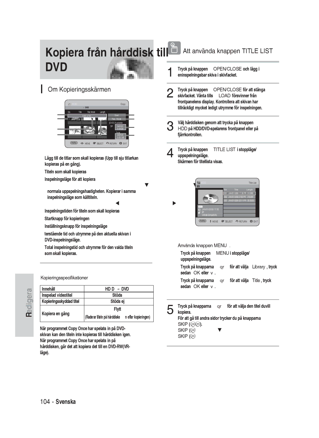 Samsung DVD-HR730/XEE manual Om Kopieringsskärmen, Kopieringsspecifikationer 