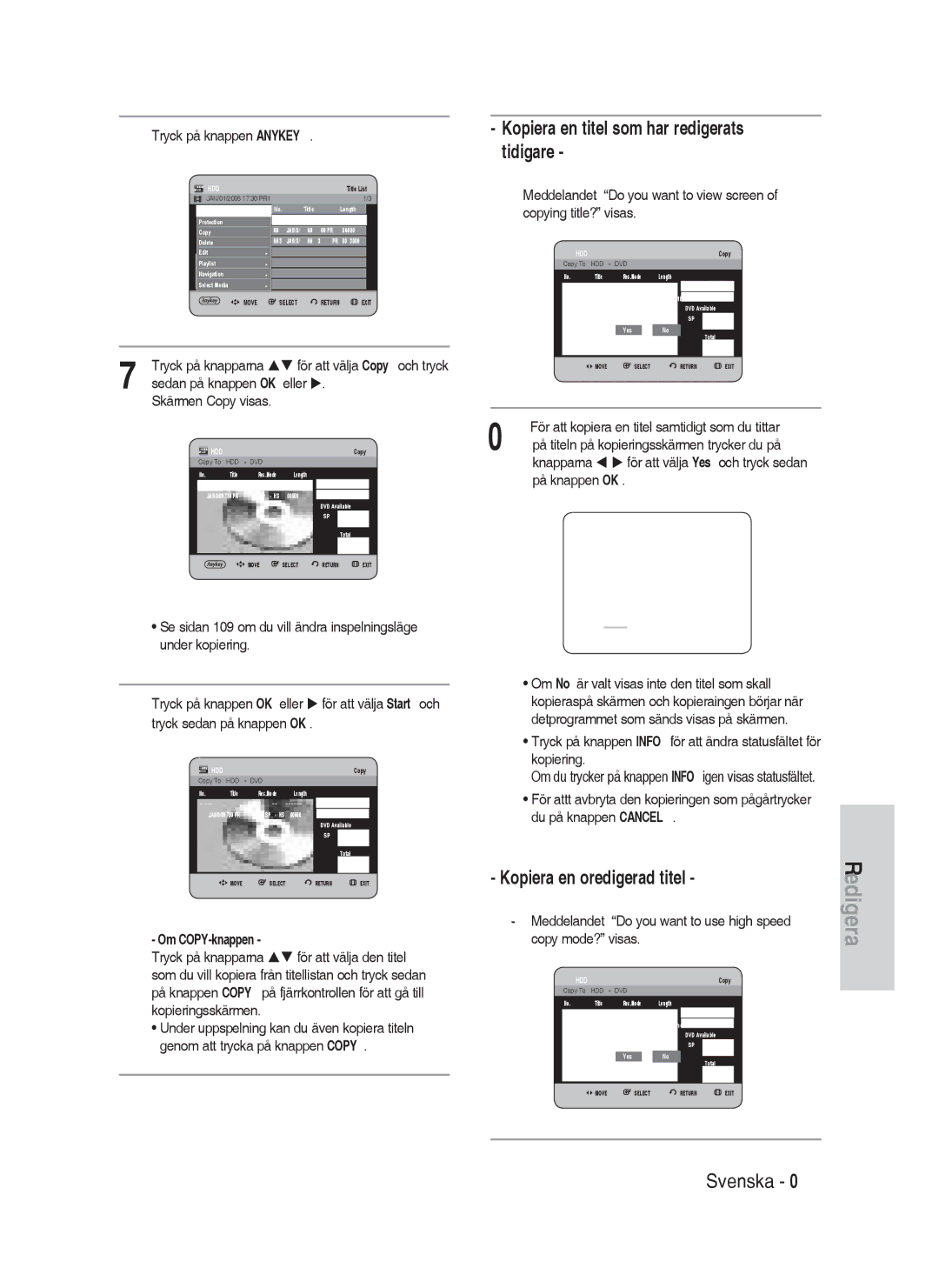 Samsung DVD-HR730/XEE manual Kopiera en titel som har redigerats tidigare, Kopiera en oredigerad titel, Om COPY-knappen 