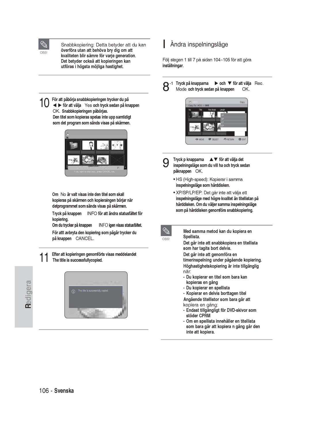 Samsung DVD-HR730/XEE manual Ändra inspelningsläge 