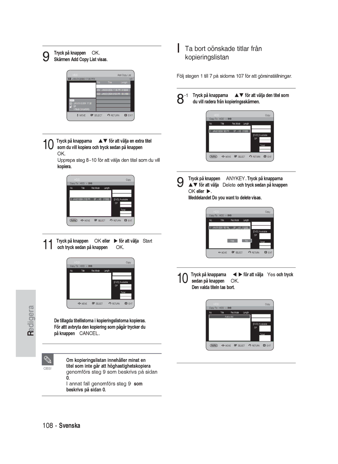 Samsung DVD-HR730/XEE manual De tillagda titellistorna i kopieringslistorna kopieras 