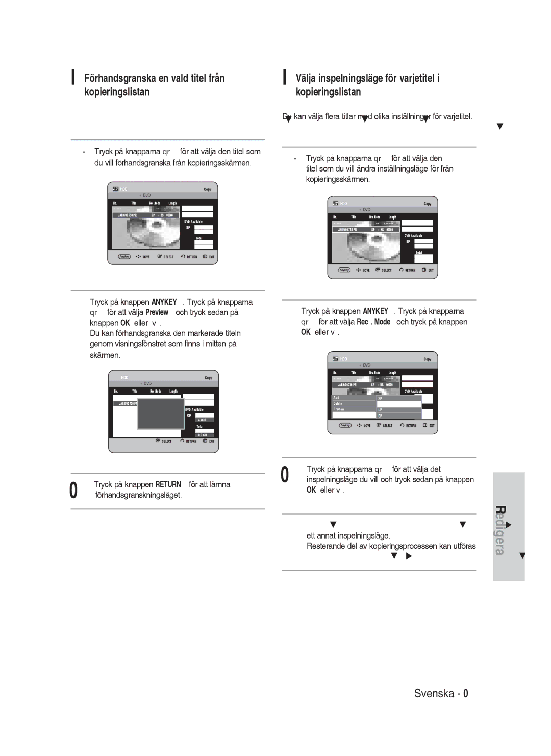 Samsung DVD-HR730/XEE manual Välja inspelningsläge för varjetitel i kopieringslistan 