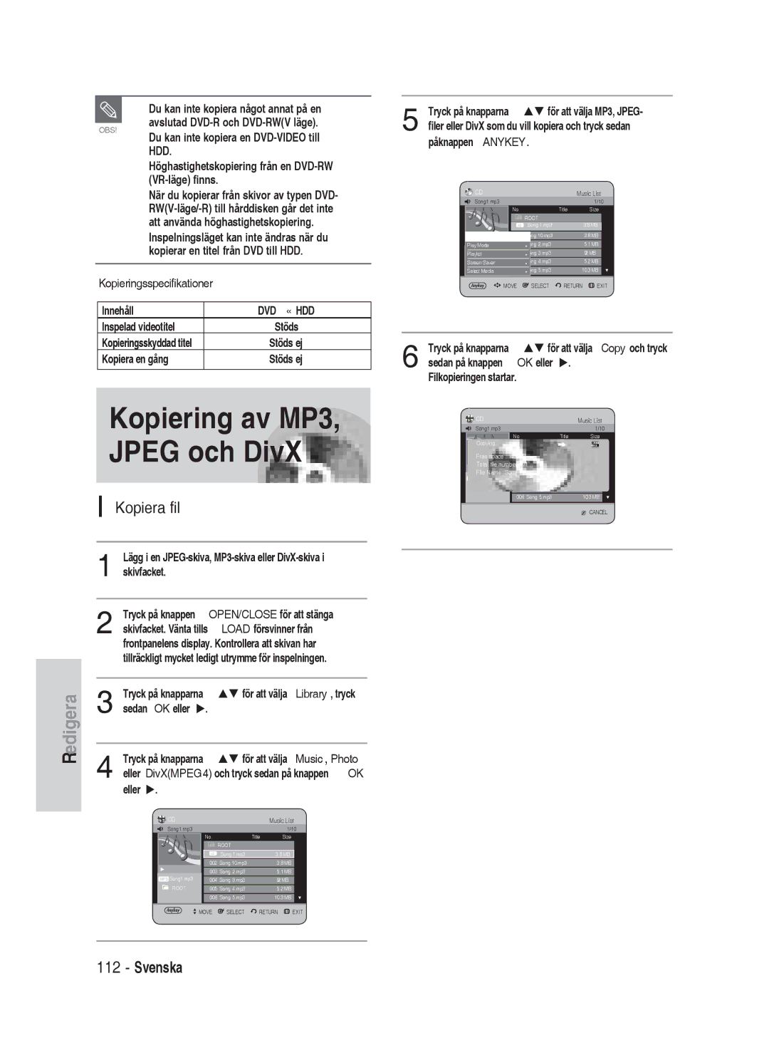 Samsung DVD-HR730/XEE manual Kopiering av MP3 Jpeg och DivX, Kopiera fil, Eller u, Påknappen Anykey 