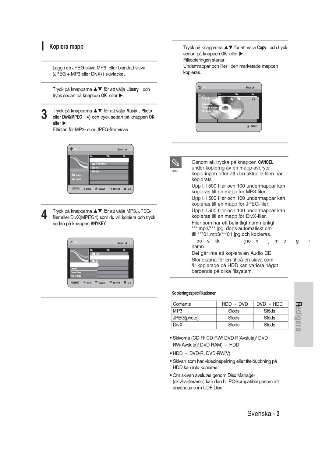 Samsung DVD-HR730/XEE manual Eller u Fillistan för MP3- eller JPEG-filer visas, Filkopieringen startar, Kopieras 