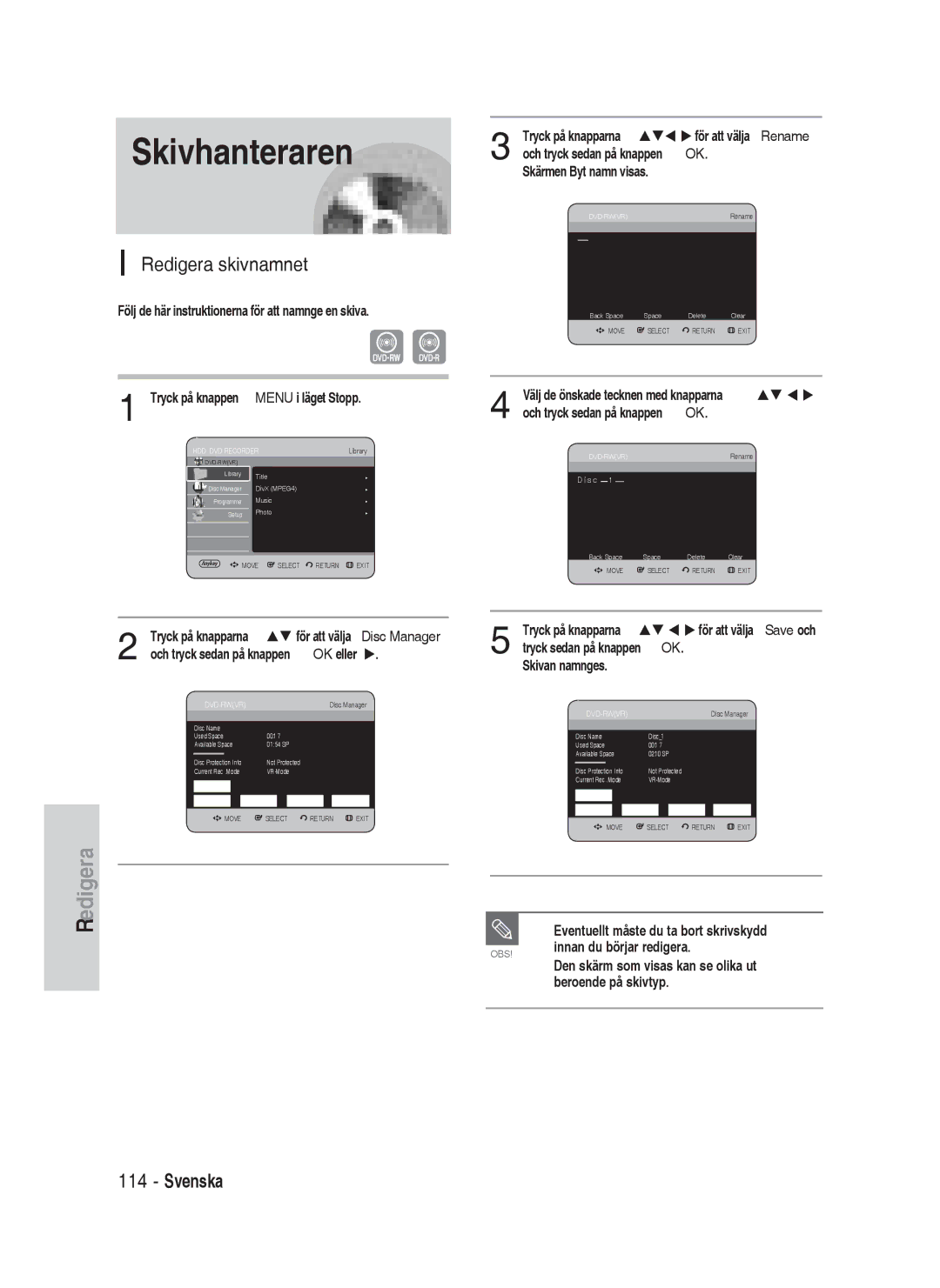 Samsung DVD-HR730/XEE manual Skivhanteraren, Redigera skivnamnet, Tryck sedan på knappen OK 