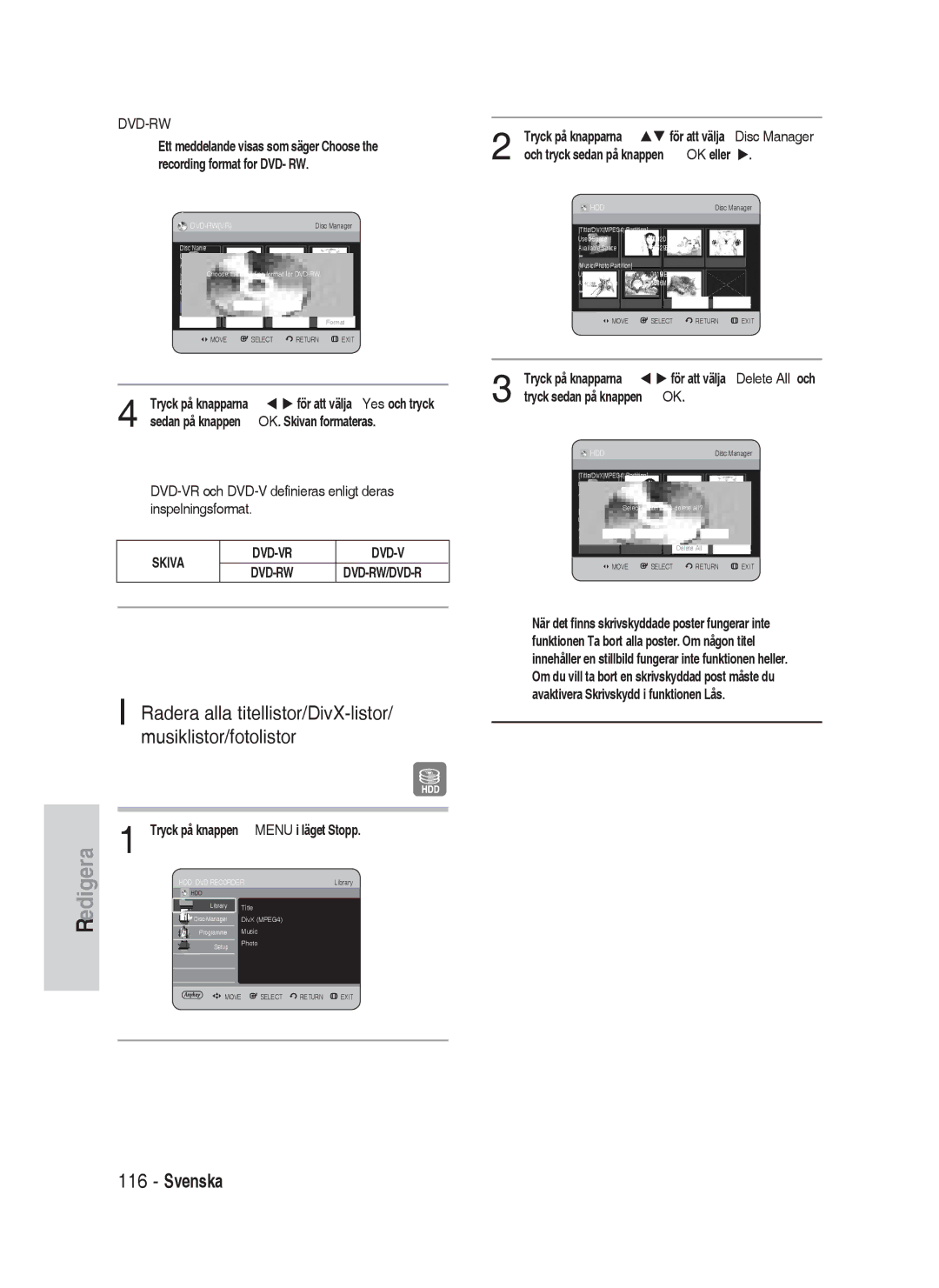 Samsung DVD-HR730/XEE manual Radera alla titellistor/DivX-listor/ musiklistor/fotolistor 