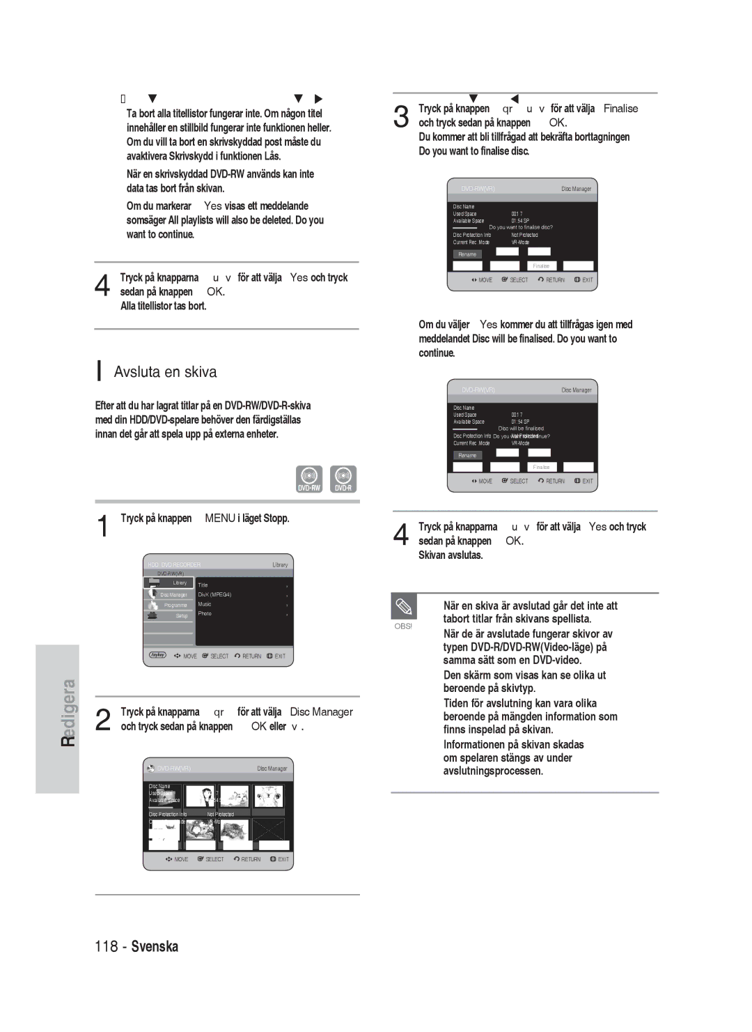 Samsung DVD-HR730/XEE manual Avsluta en skiva, När det finns skrivskyddade poster Funktionen 