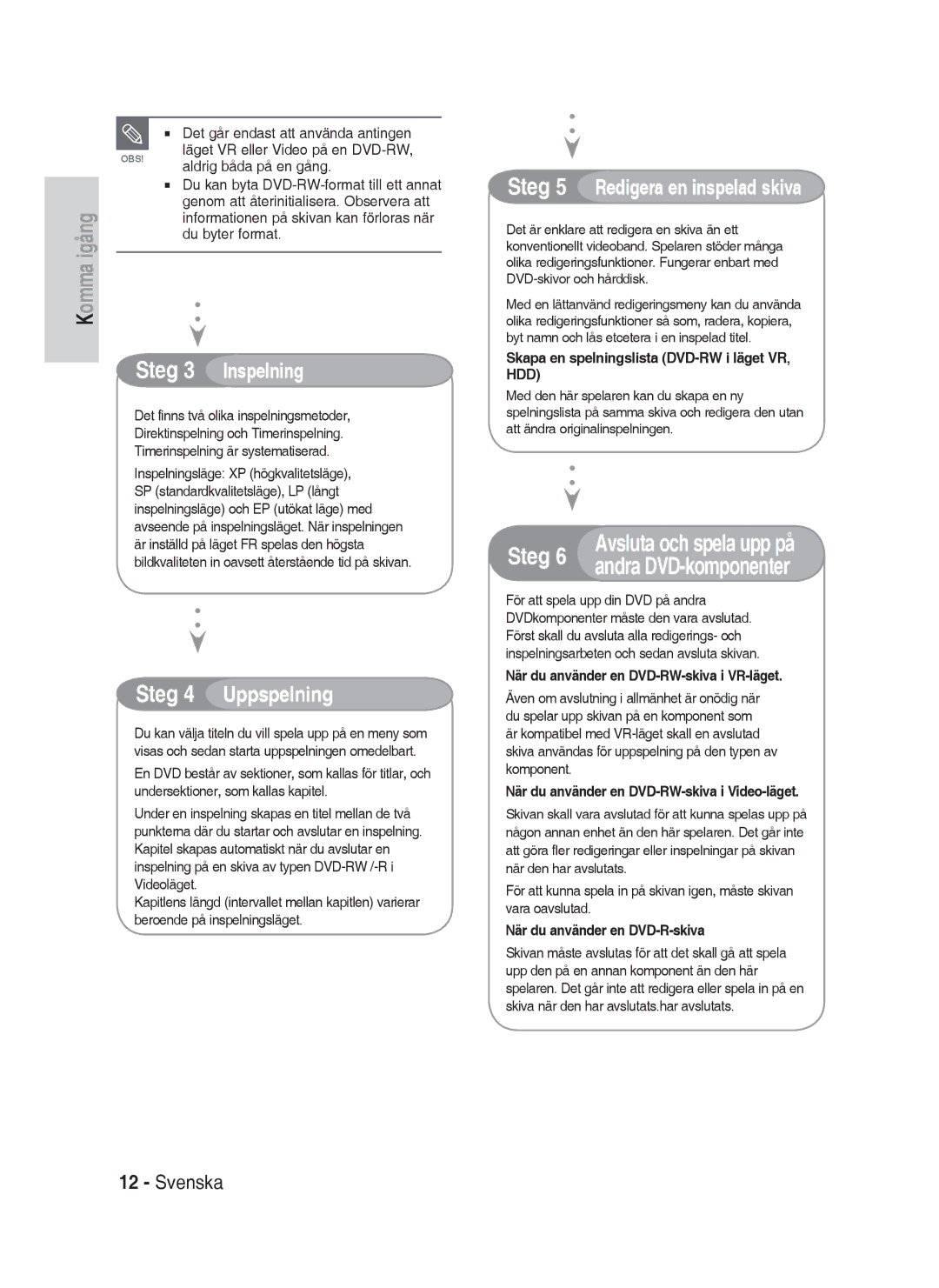 Samsung DVD-HR730/XEE manual Avsluta och spela upp på, Andra DVD-komponenter 