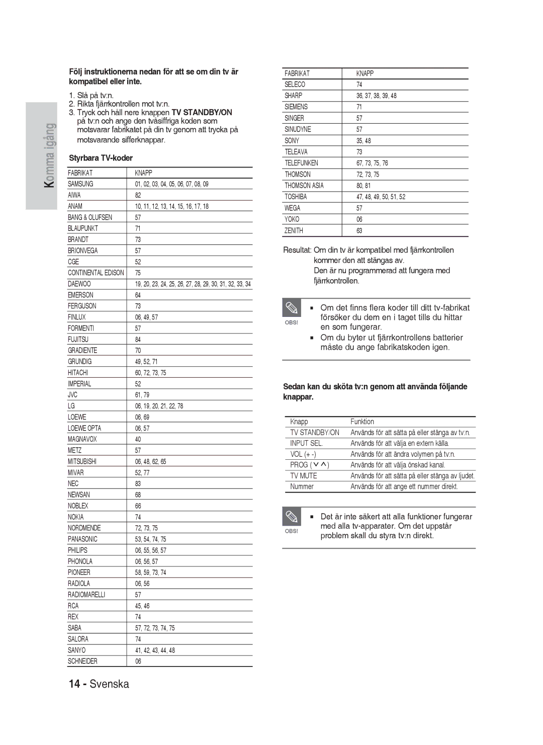 Samsung DVD-HR730/XEE manual Styrbara TV-koder, Sedan kan du sköta tvn genom att använda följande knappar 