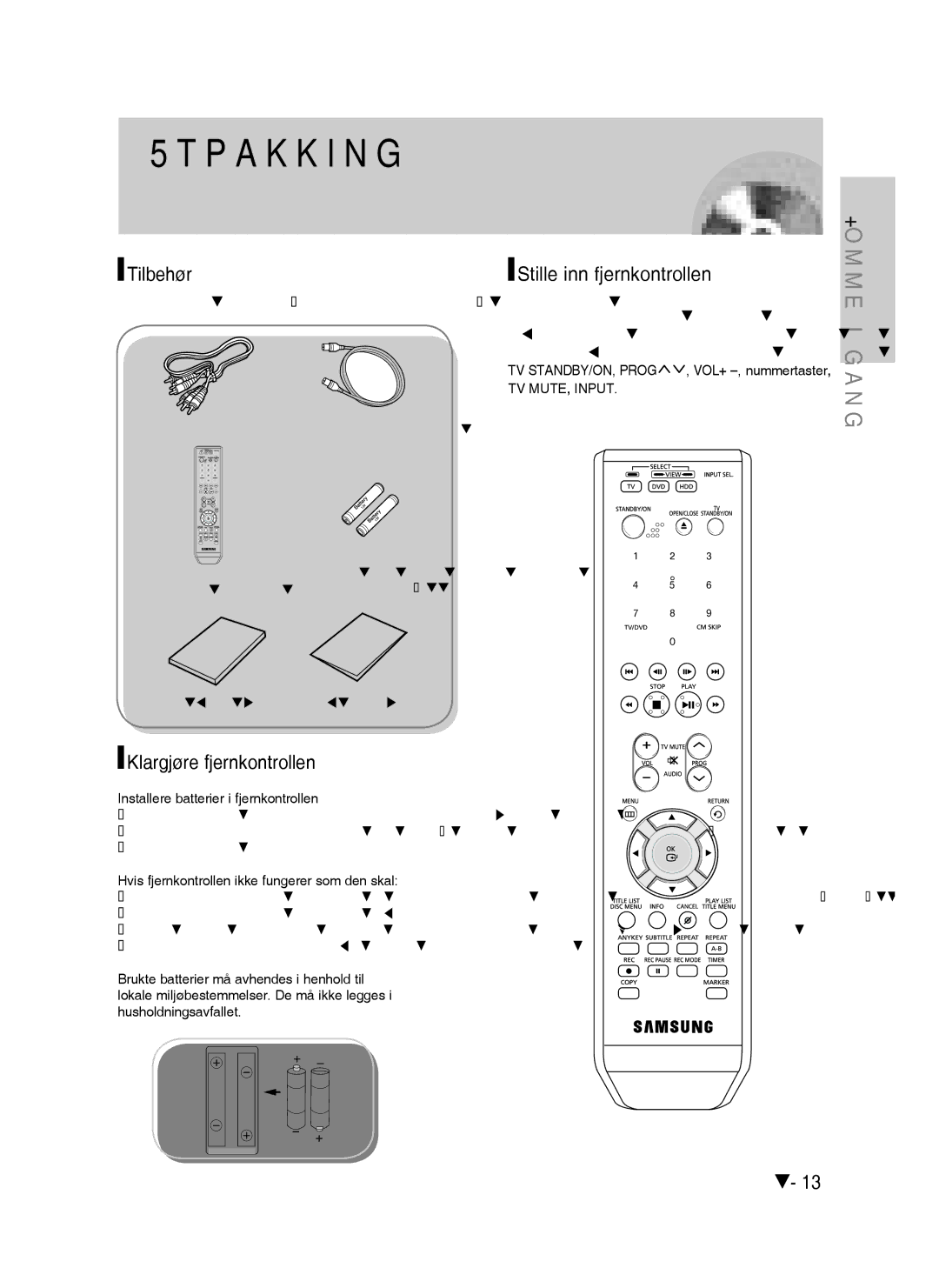 Samsung DVD-HR730/XEE manual Tilbehør, Stille inn fjernkontrollen, Klargjøre fjernkontrollen 