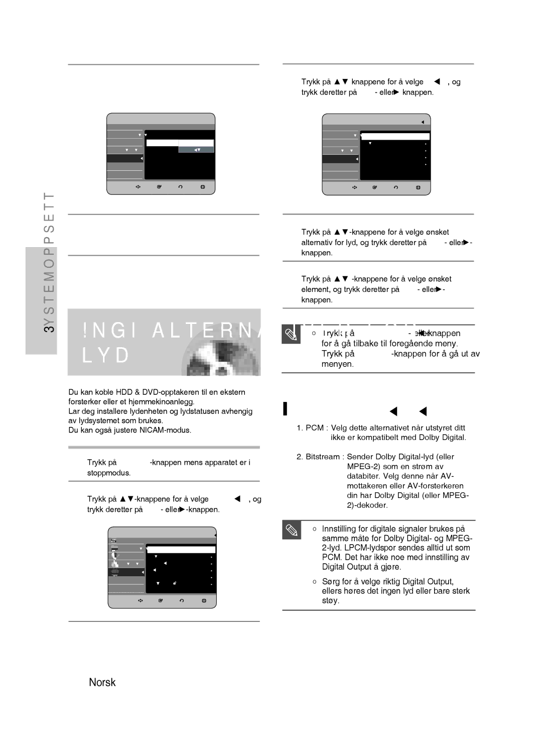 Samsung DVD-HR730/XEE manual Lyd, Trykk på RETURN- eller -knappen, For å gå tilbake til foregående meny, Menyen 