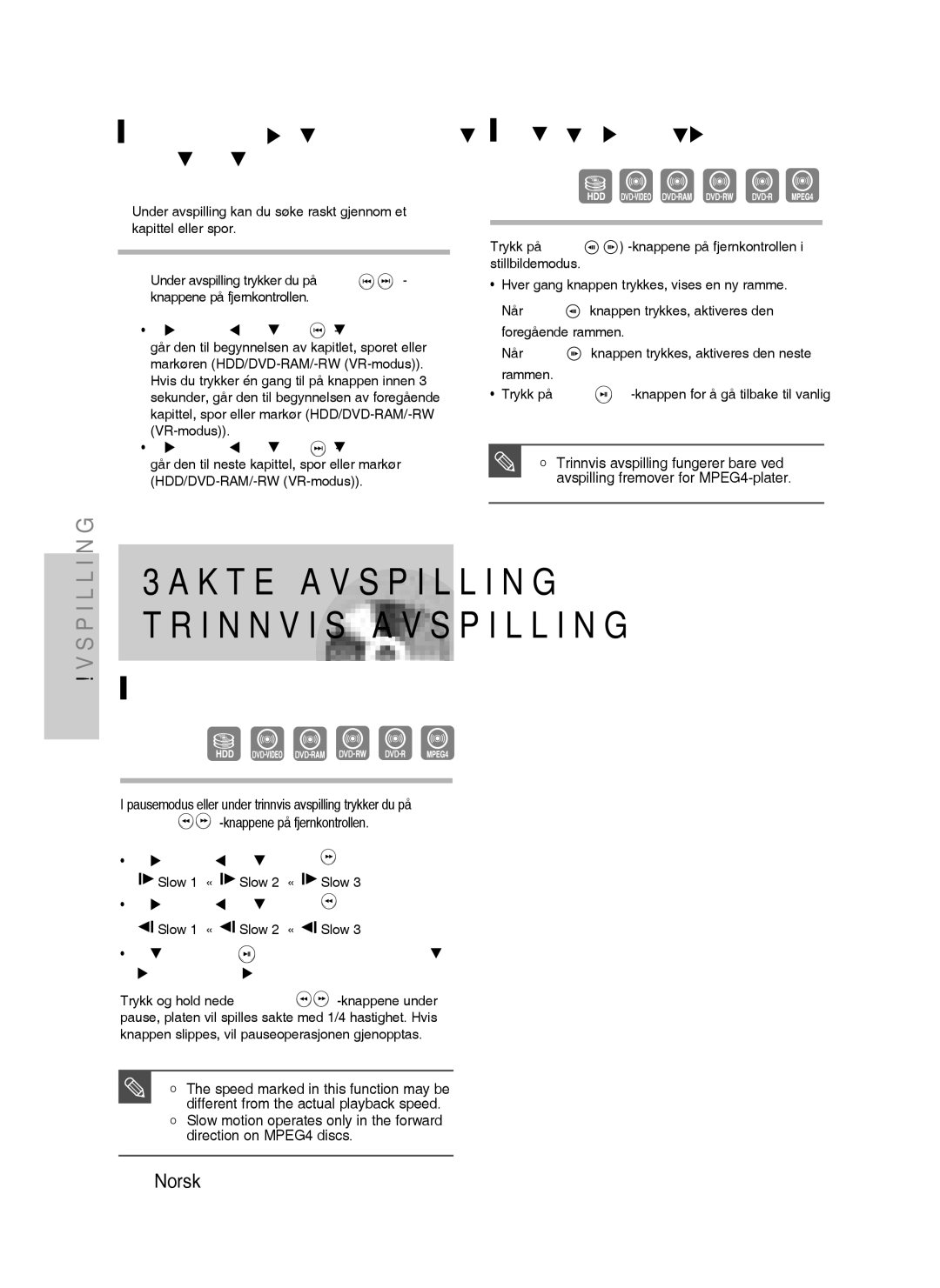 Samsung DVD-HR730/XEE manual Sakte avspilling, Trinnvis avspilling, Hoppe over kapitler, spor eller, Merker, Sakte film 