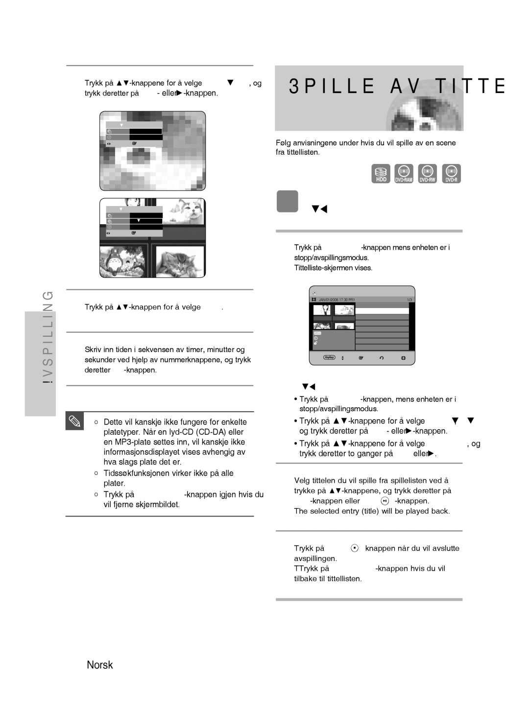 Samsung DVD-HR730/XEE manual Spille av tittellisten, Bruke Title LIST-knappen, Platetyper. Når en lyd-CD CD-DA eller 