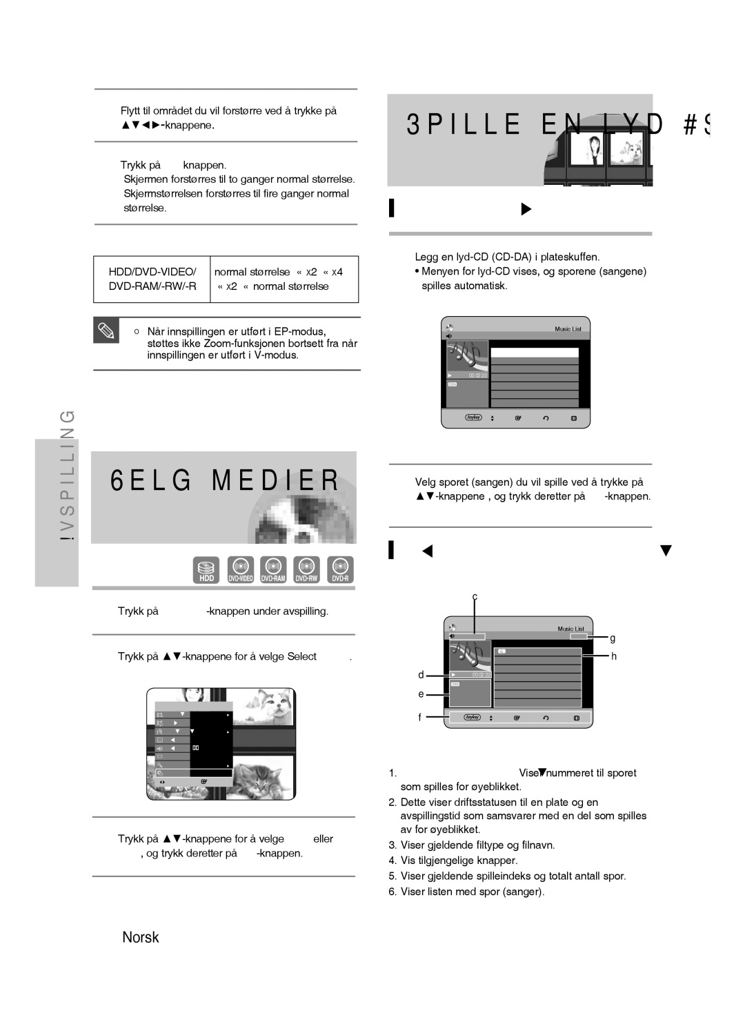 Samsung DVD-HR730/XEE manual Spille en lyd-CD/MP3, Velg medier, Spille av en lyd-CD CD-DA, Audio CDCD-DA Screen Elements 