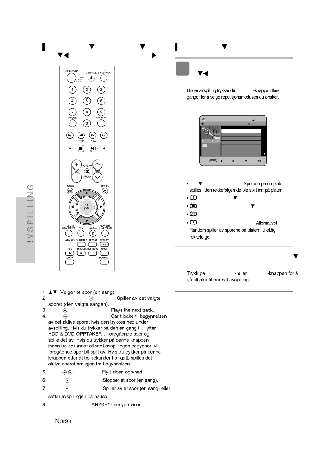 Samsung DVD-HR730/XEE manual Knapper på fjernkontrollen som brukes til MP3-avspilling, Repeter CD CD-DA & MP3 