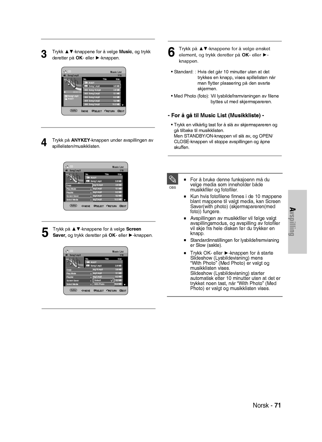 Samsung DVD-HR730/XEE manual For å gå til Music List Musikkliste, Velge media som inneholder både, Musikkfiler og fotofiler 