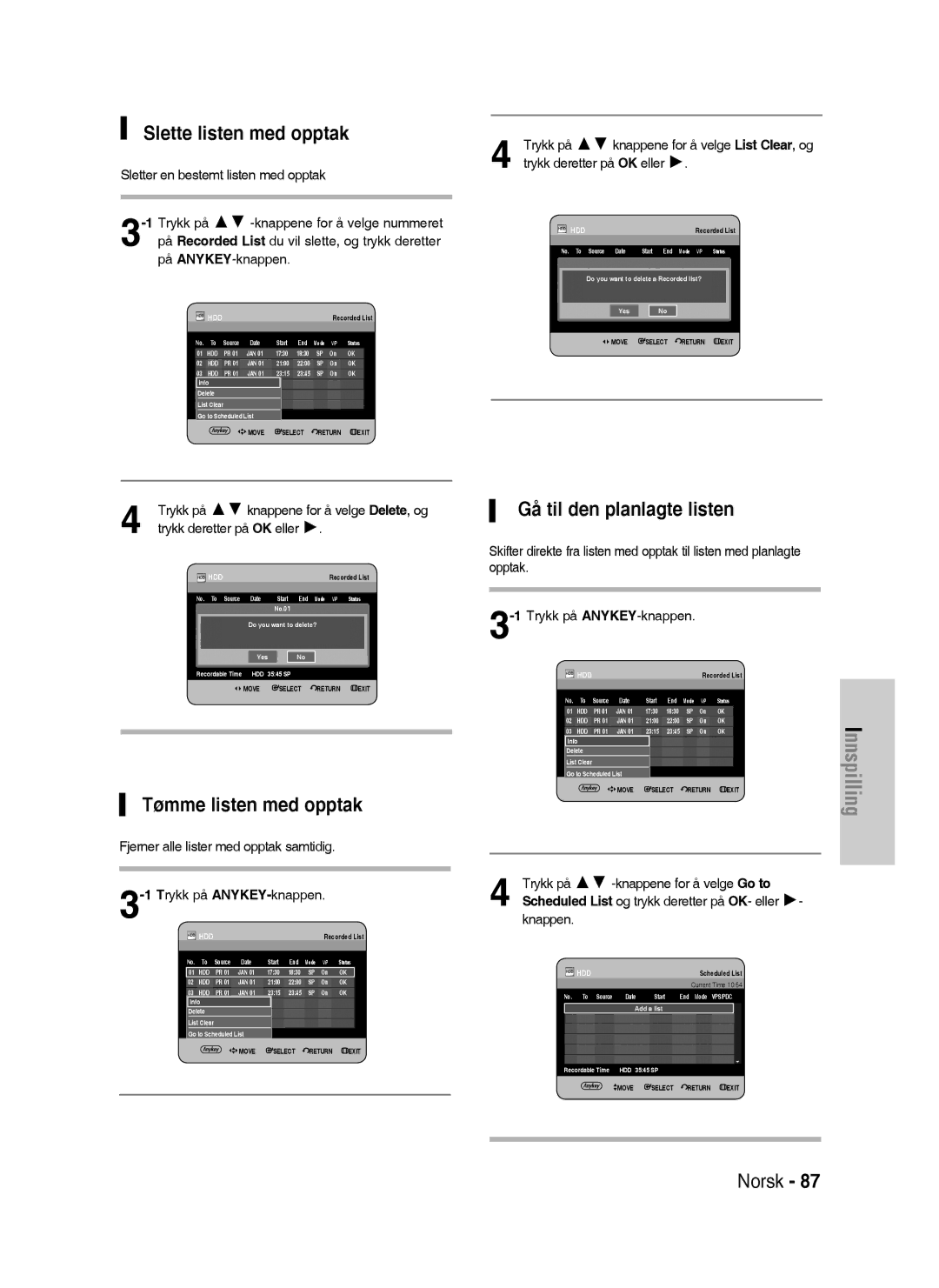 Samsung DVD-HR730/XEE manual Slette listen med opptak, Tømme listen med opptak, Gå til den planlagte listen 