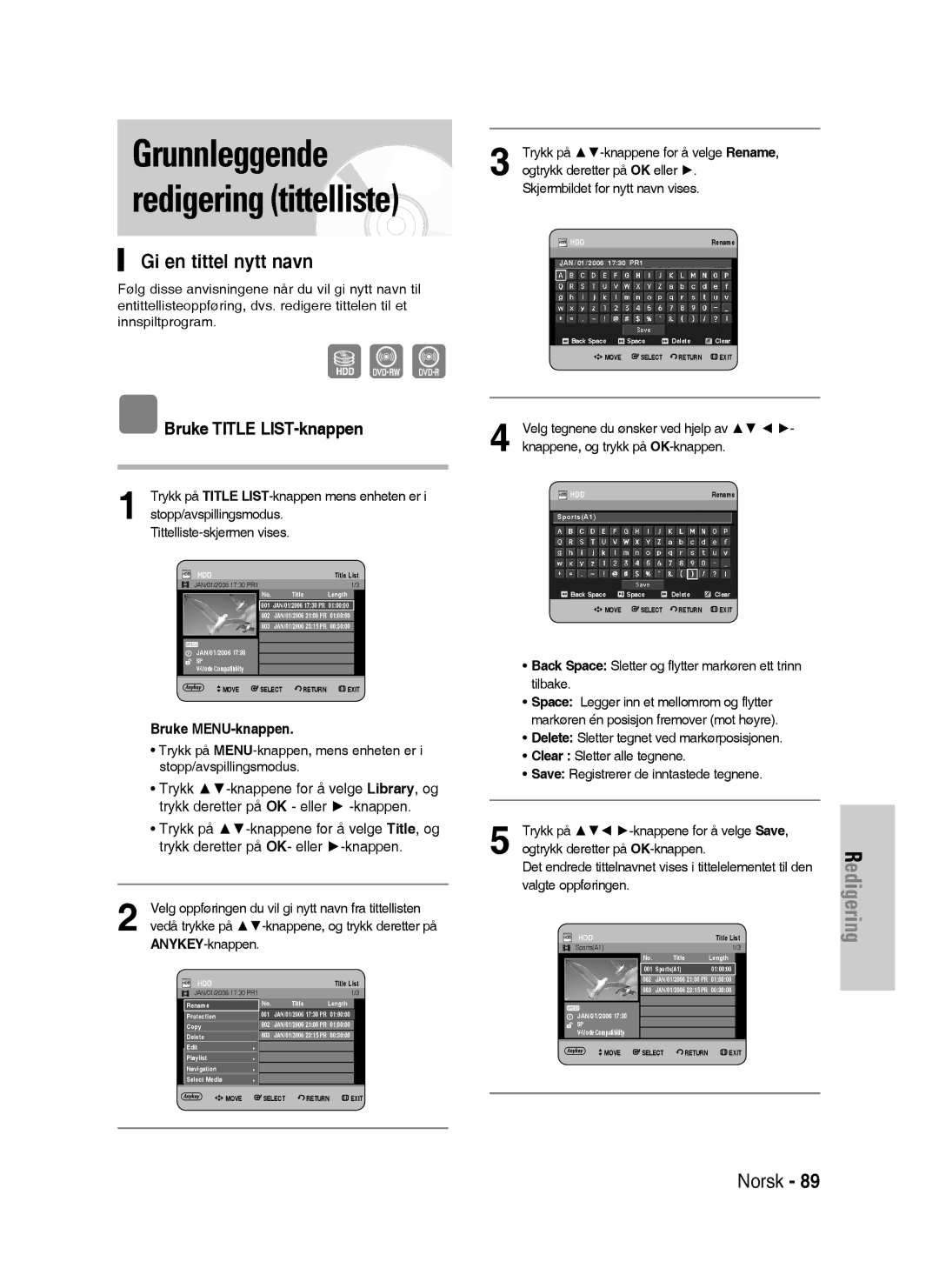 Samsung DVD-HR730/XEE manual Grunnleggende redigering tittelliste, Gi en tittel nytt navn 