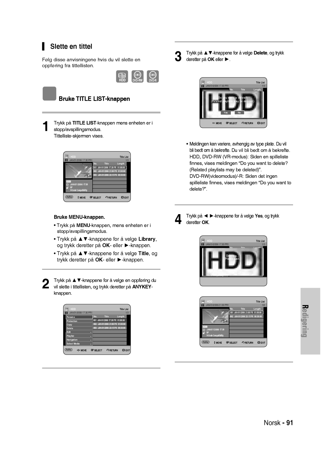 Samsung DVD-HR730/XEE manual Slette en tittel 