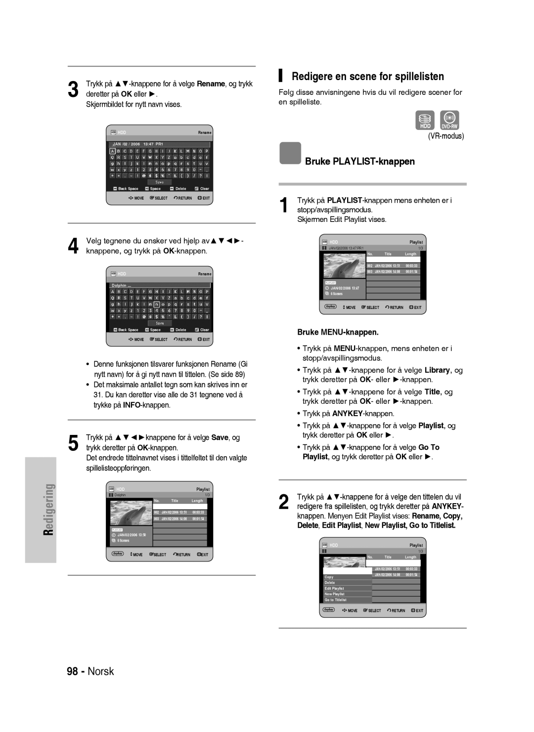 Samsung DVD-HR730/XEE manual Redigere en scene for spillelisten 