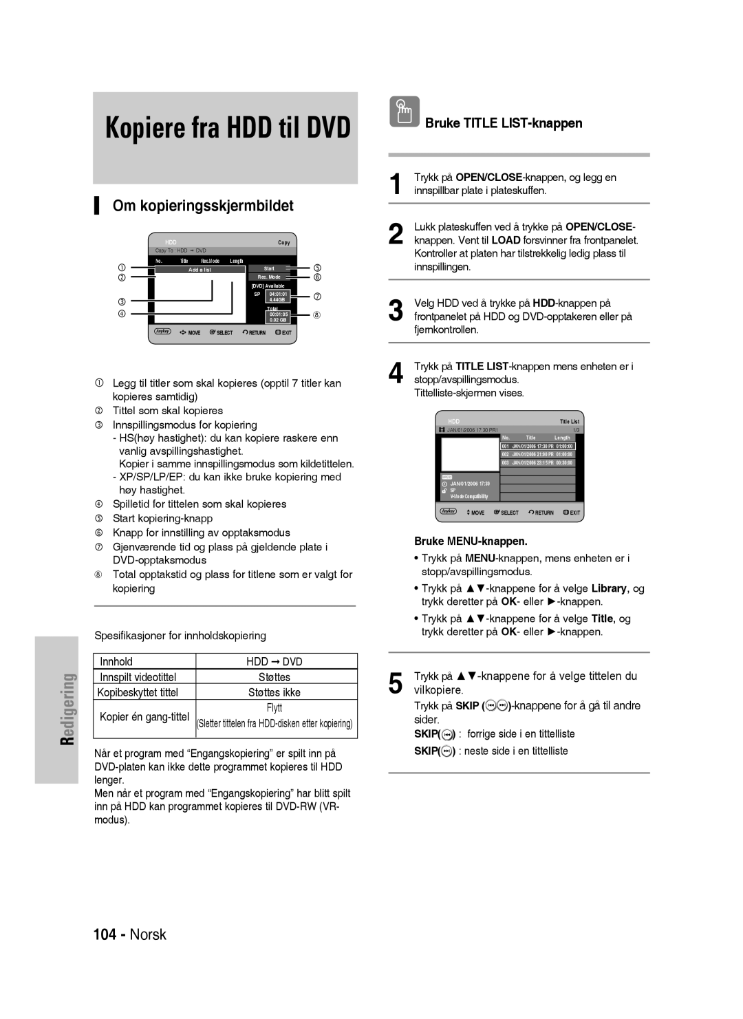 Samsung DVD-HR730/XEE manual Kopiere fra HDD til DVD, Om kopieringsskjermbildet 