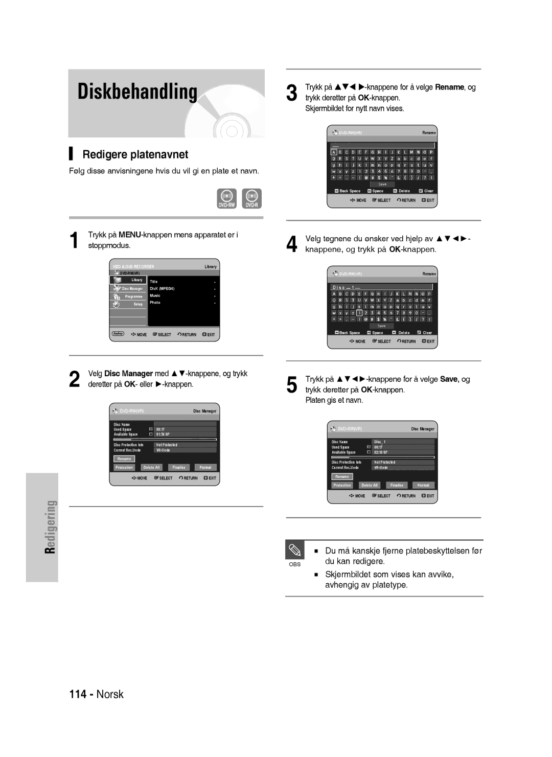 Samsung DVD-HR730/XEE Redigere platenavnet, Du kan redigere, Skjermbildet som vises kan avvike, avhengig av platetype 